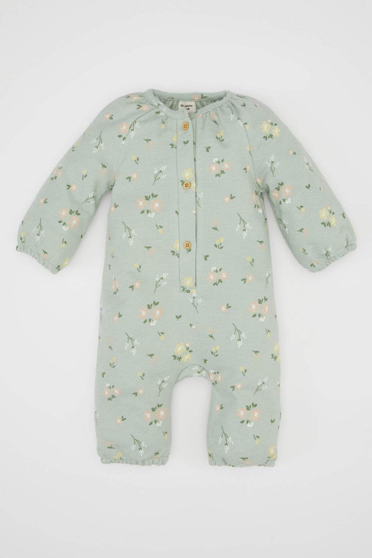 DeFacto-Baby Girl Newborn Green Buttoned Floral Print Long Sleeve Jumpsuit D4110A524Wn 1