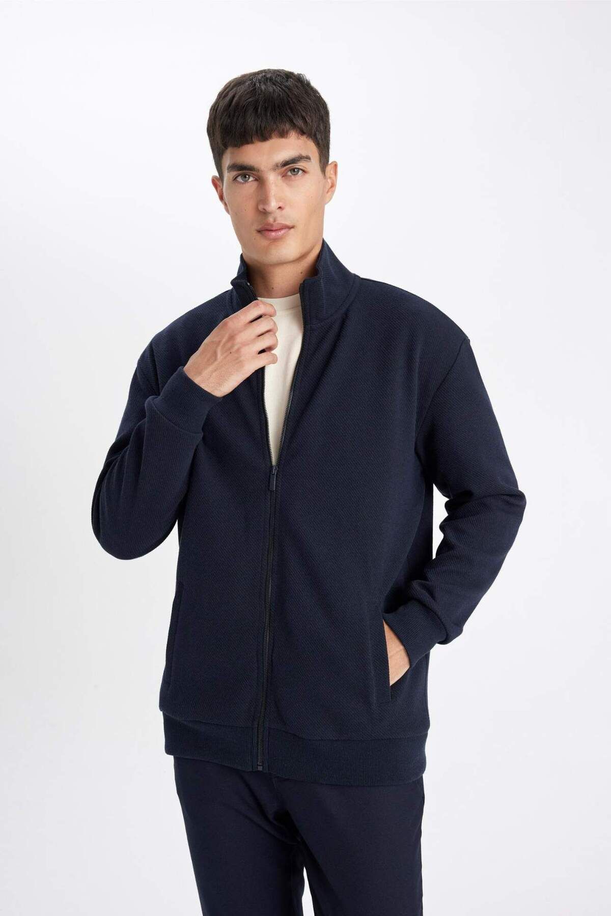 DeFacto-Comfort Regular Fit Relaxed Cut Stand Collar Pocket Basic Plain Zippered Sweatshirt D4971Ax24Au 3