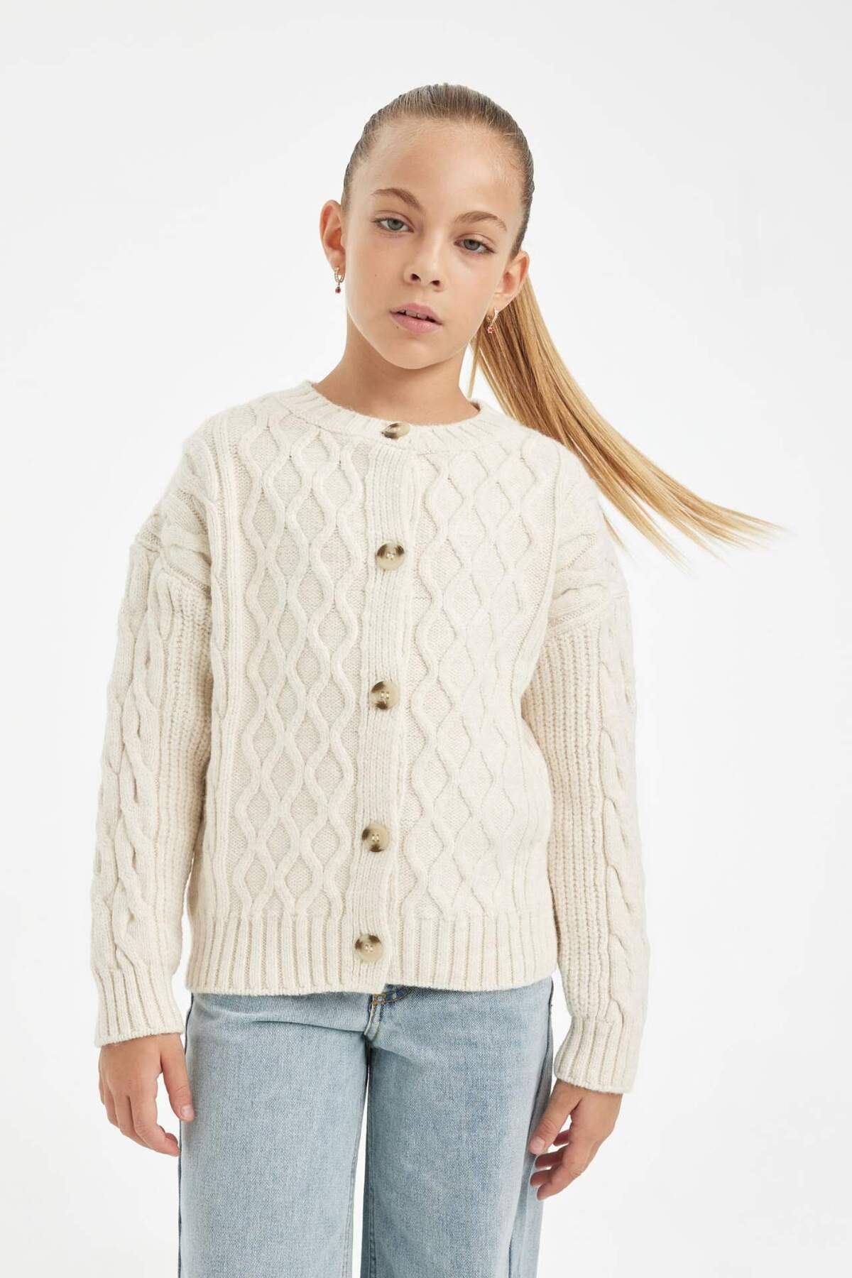 DeFacto-Dievčenský pletený sveter Crew Neck Cardigan C6937A824AU 3