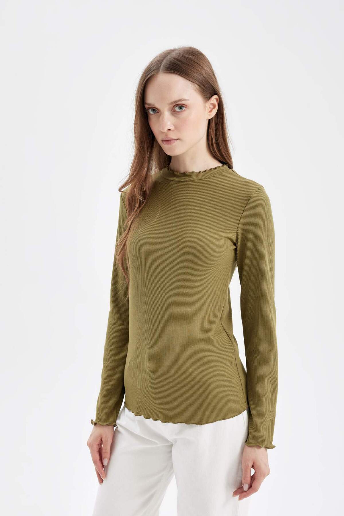 DeFacto-Half Turtleneck Ribbed Camisole Basic Plain Long Sleeve T-Shirt B2389Ax24Au 3