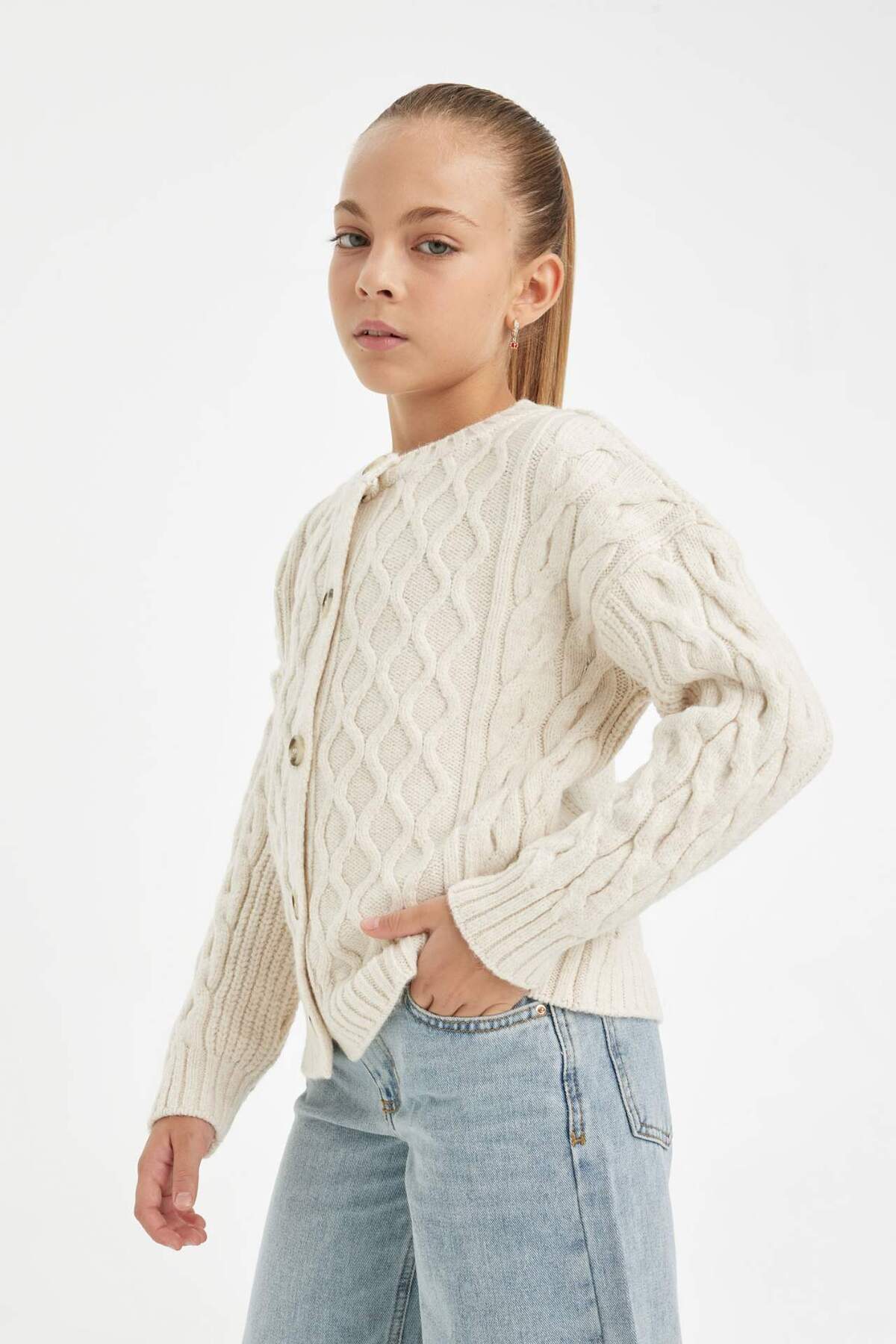 DeFacto-Dievčenský pletený sveter Crew Neck Cardigan C6937A824AU 4