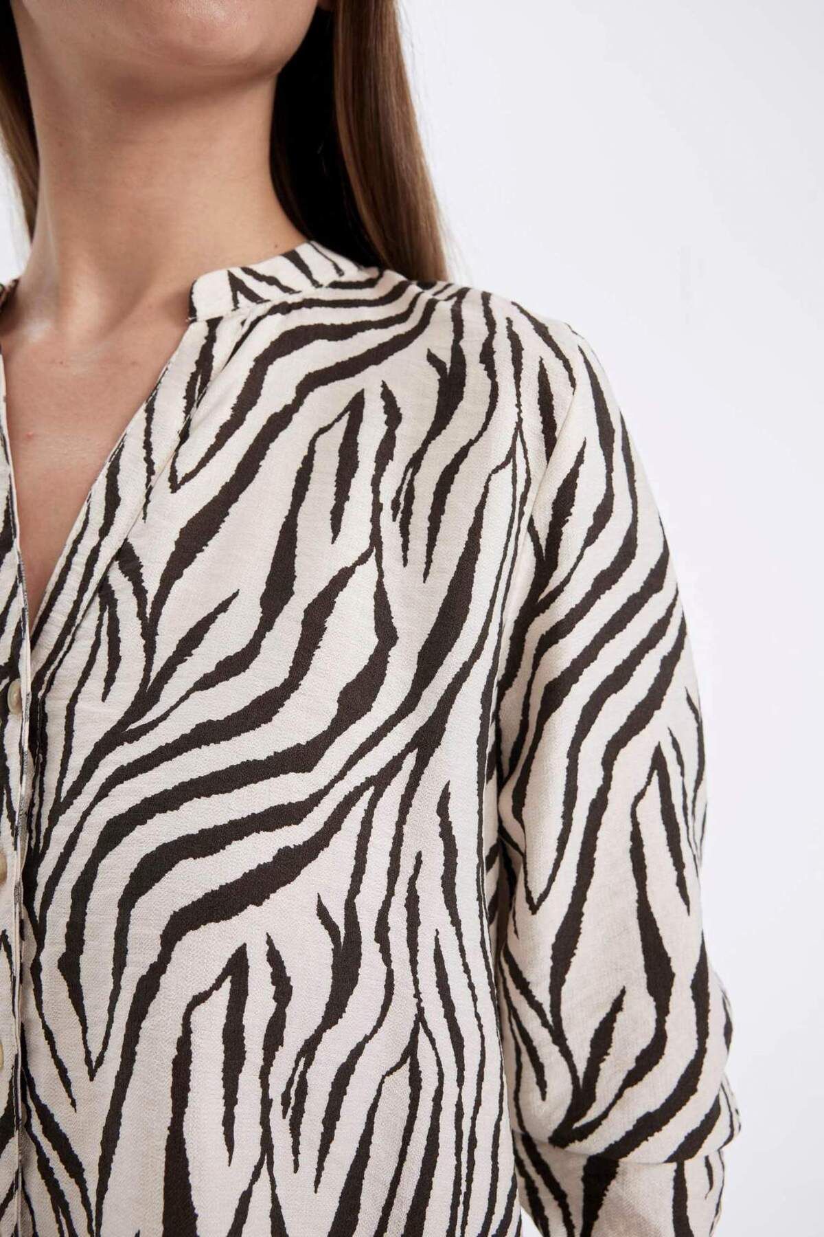 DeFacto-Apache Collar Patterned Long Sleeve Shirt - Regular Fit, Folded Sleeve and Button Detail D4901Ax24Au 6