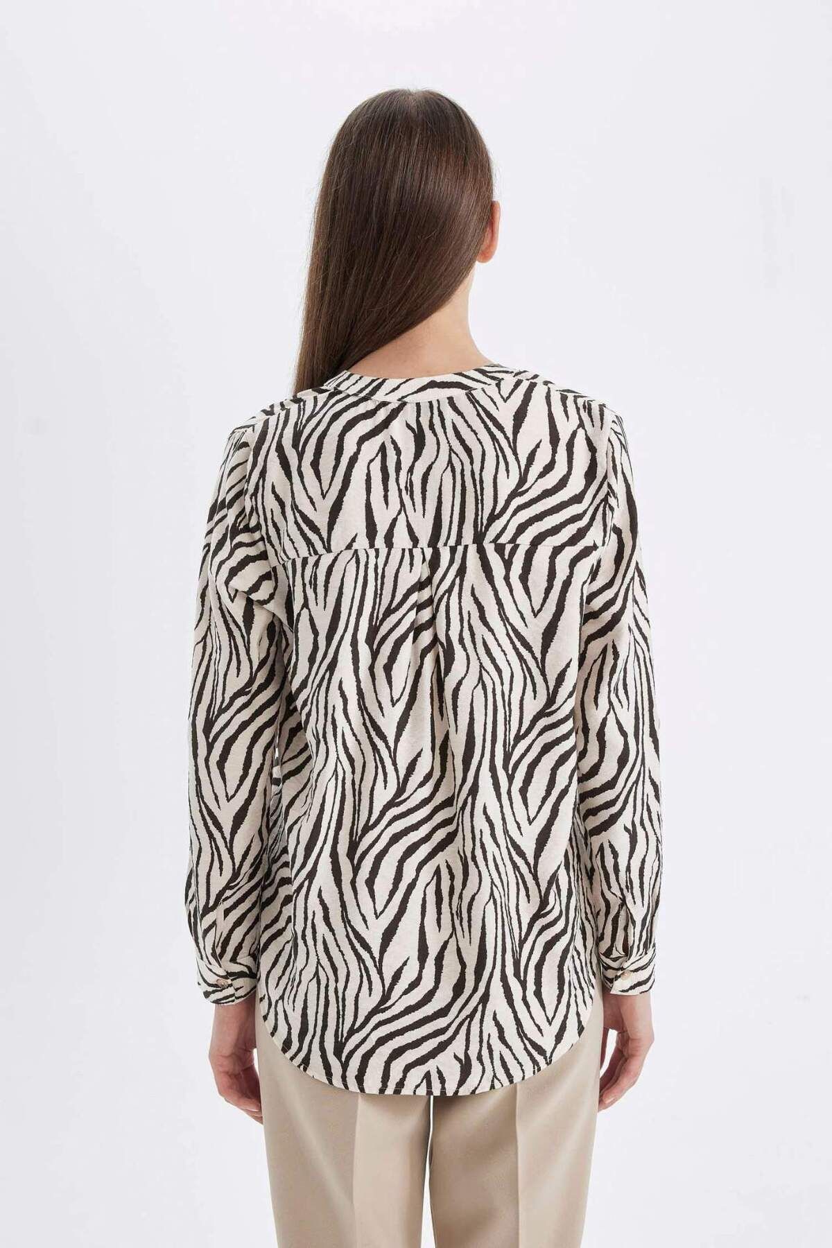 DeFacto-Apache Collar Patterned Long Sleeve Shirt - Regular Fit, Folded Sleeve and Button Detail D4901Ax24Au 7