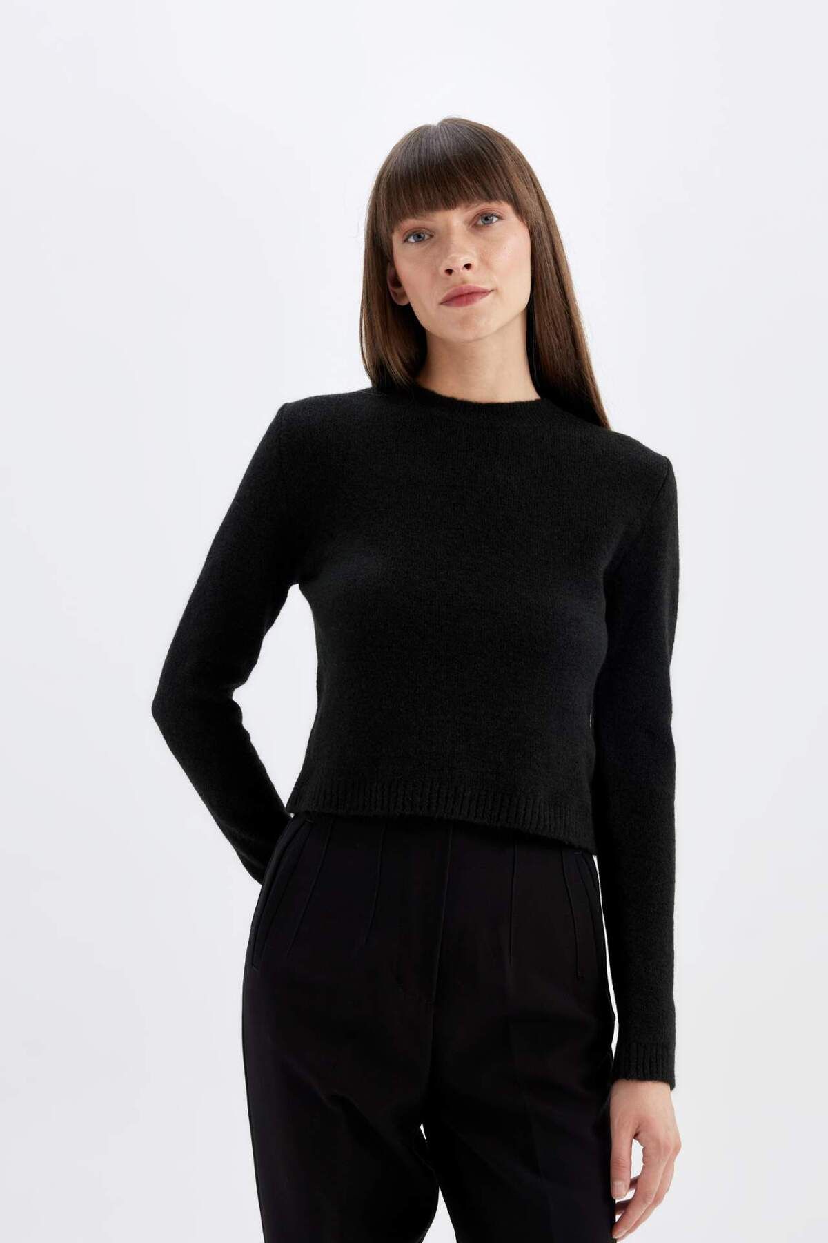 DeFacto-Regular Fit Rundhals Premium Basic Unifarben Crop Strickpullover C9047AX24WN 4