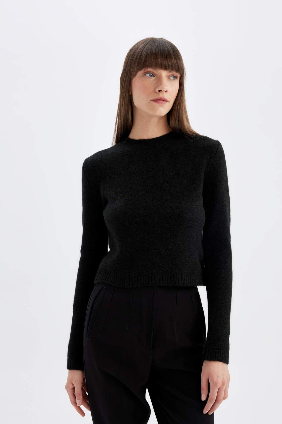 DeFacto-Regular Fit Rundhals Premium Basic Unifarben Crop Strickpullover C9047AX24WN 5