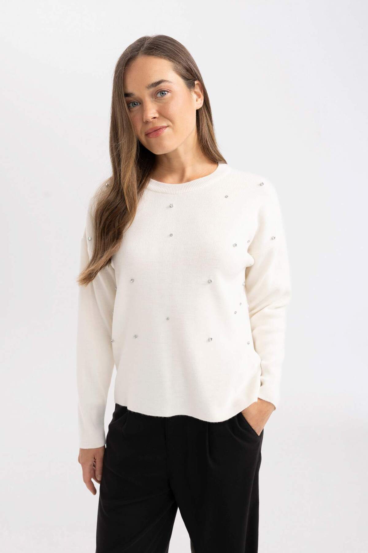DeFacto-Regular Fit Rundhals-Steinpullover R0726AZ24WN 3
