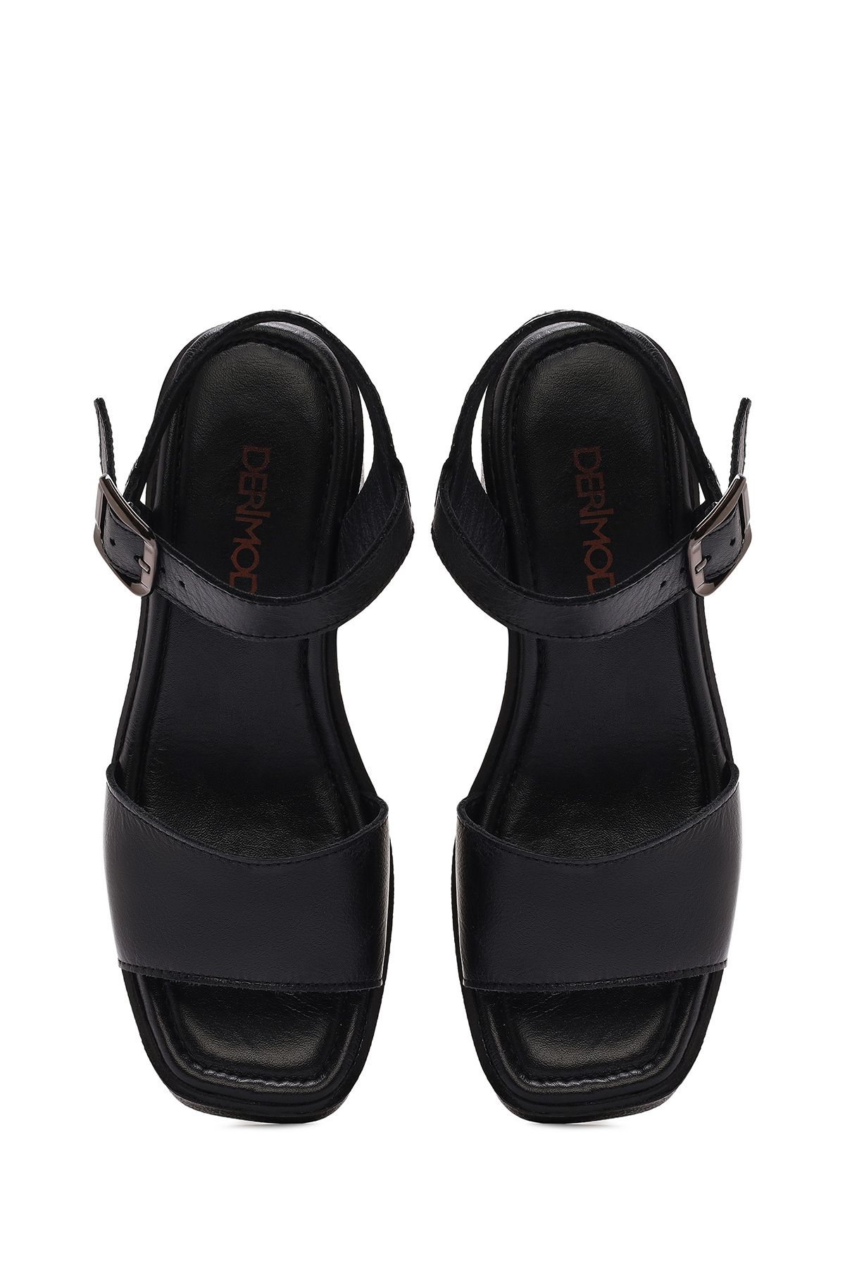 Derimod-Women's Black Ankle Buckle Platform Thick High Thick Heeled Leather Sandals 25Sfd131418 8