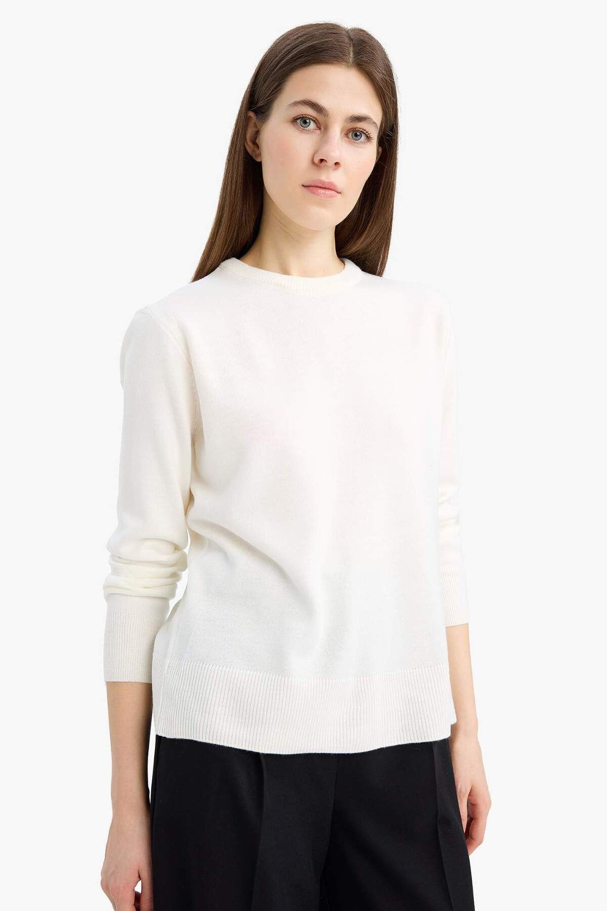 DeFacto-Regular Fit Soft Textured Crew Neck Basic Plain Knitwear Sweater C0058Ax24Wn 4