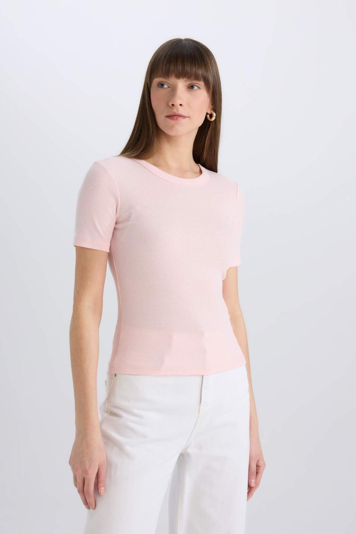 DeFacto-Slim Fit Crew Neck Keprová košile s krátkým rukávem C0097ax24sm 4