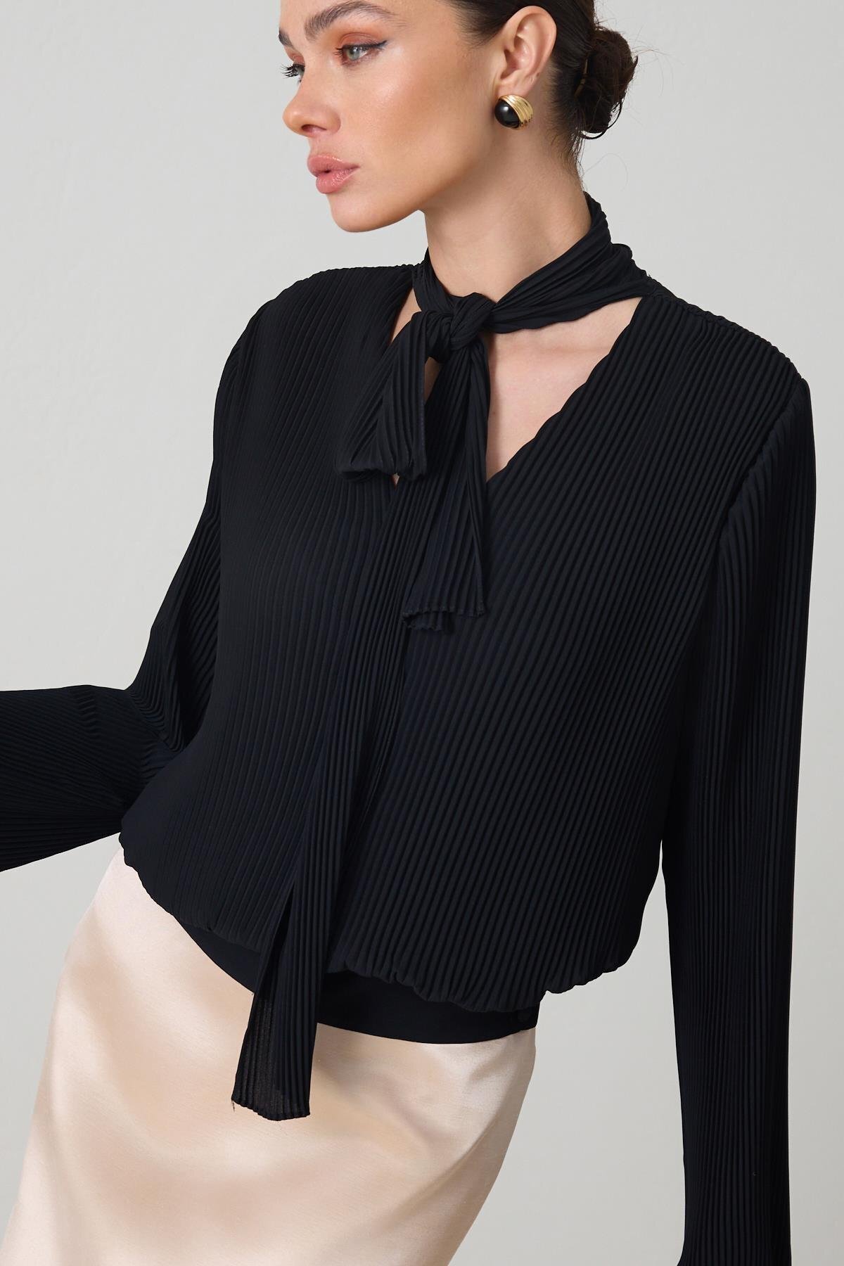 Setre-Black Pleated Halter Neck Detailed V-Neck Blouse 4