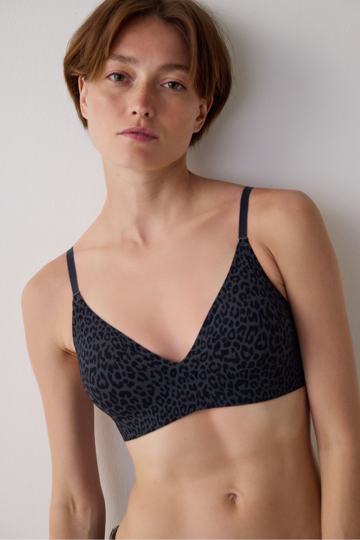 Penti-Anthracite Leopard Patterned Seamless Ribbed Triangle Bra Without Underwire 3