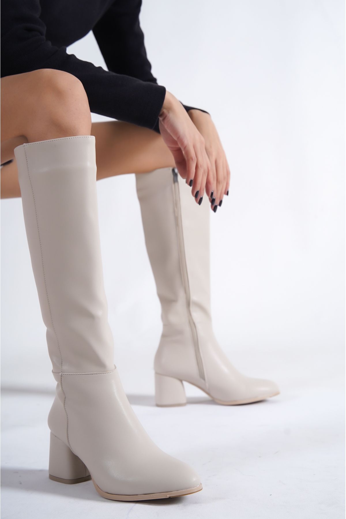 Capone Outfitters-Oval Toe Side Zipper Ecru Beige Heeled Women's Boots 6