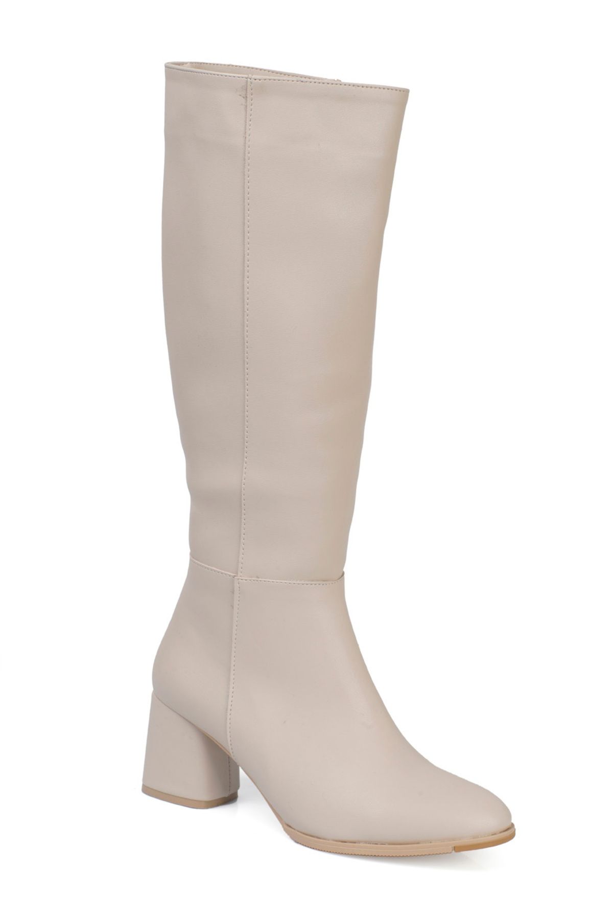 Capone Outfitters-Oval Toe Side Zipper Ecru Beige Heeled Women's Boots 5
