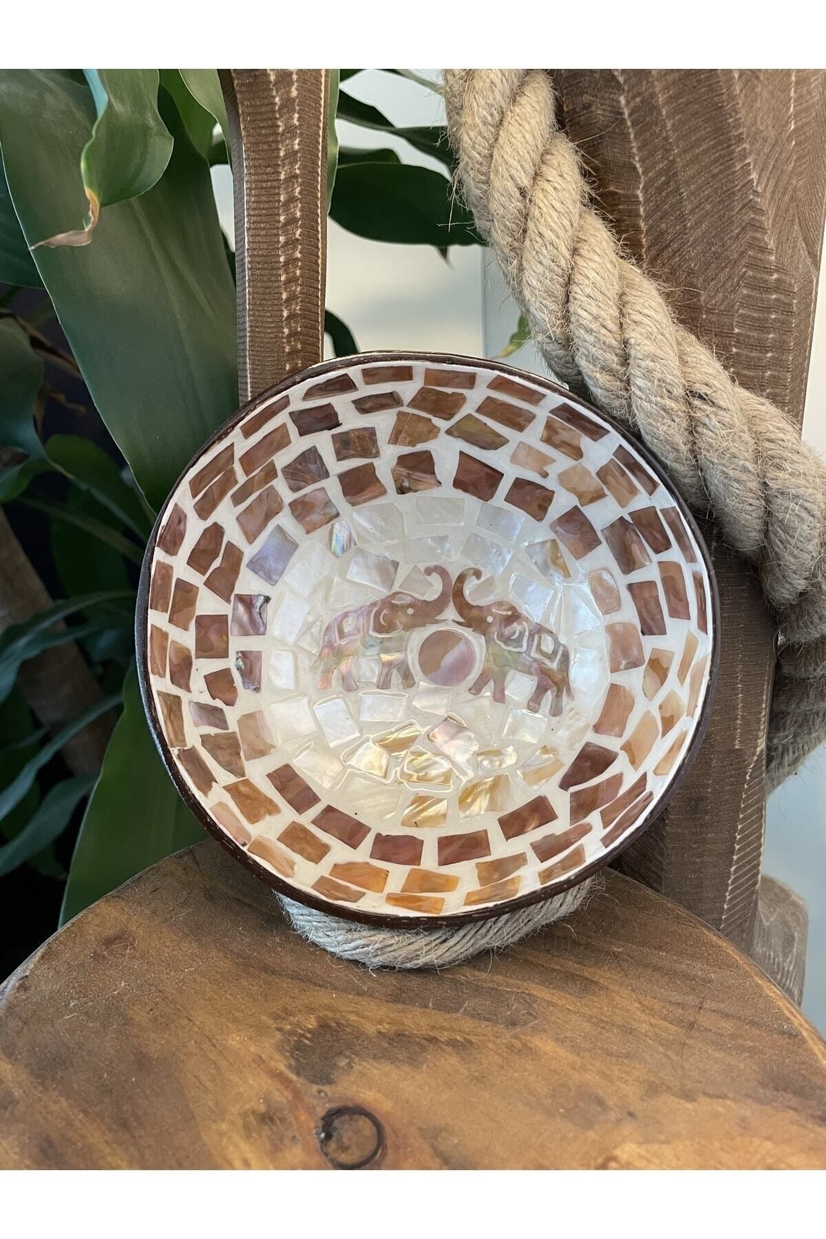 Coconut Products-Elephant Design Mother of Pearl Coating - Coconut Bowl and Snack Bowl Straw Mat 4