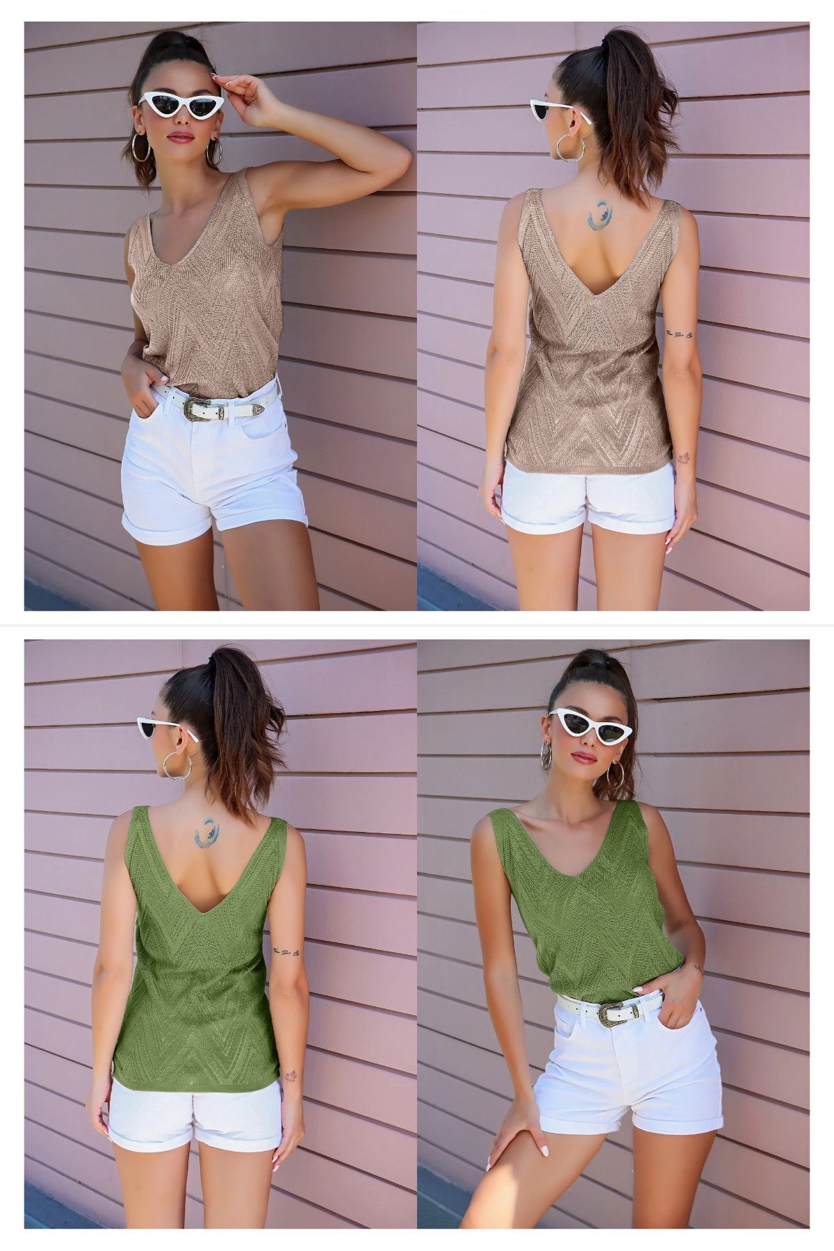 Women's Front Back V-Neck Sleeveless Strap Glitter Detailed 2-Pack Blouse Mink-Mint