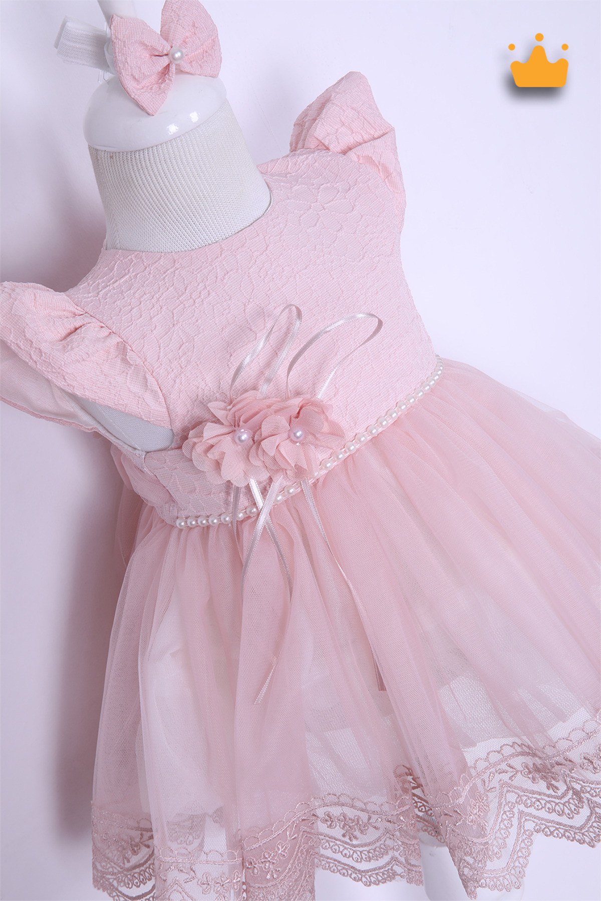 MİNİMONY 0-24 Ay Gofre Tül Etekli Kız Bebek Çocuk Abiye Bayramlık Elbise Saç Bandı Set Pudra 1007 fotoğrafı 4 (önizleme)