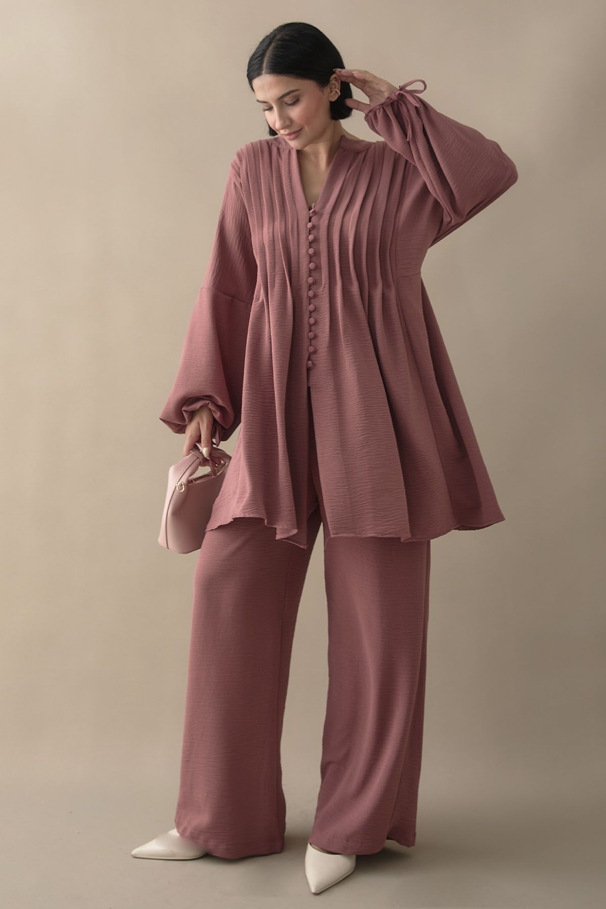 InStyle-Ribbed Handle Drawstring Dusty Rose Ayrobin Set 5