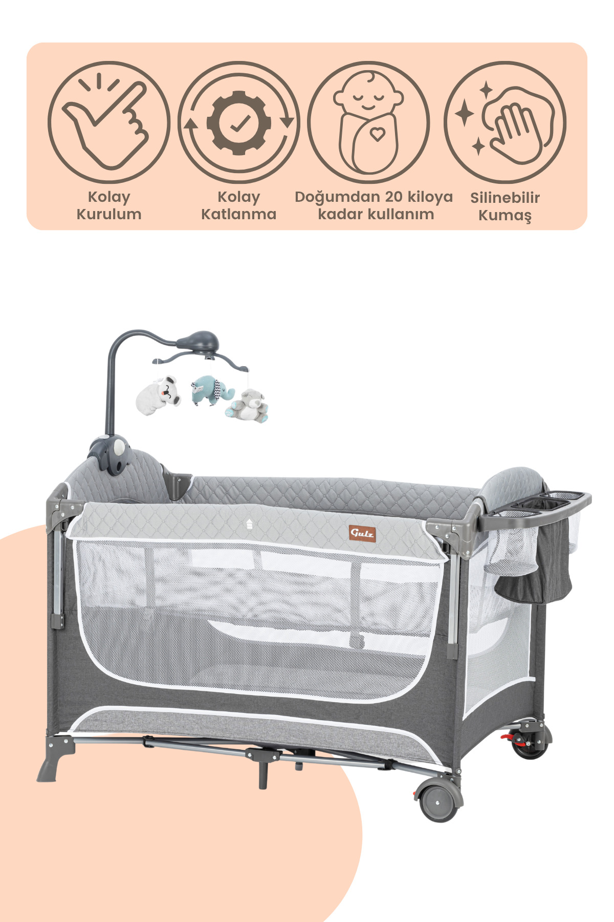 Gulz Atlas Plus Anne Yanı Sallanır Cibinlikli Dönenceli Oyun Parkı Bebek Beşik 70x110 Cm fotoğrafı 2 (önizleme)