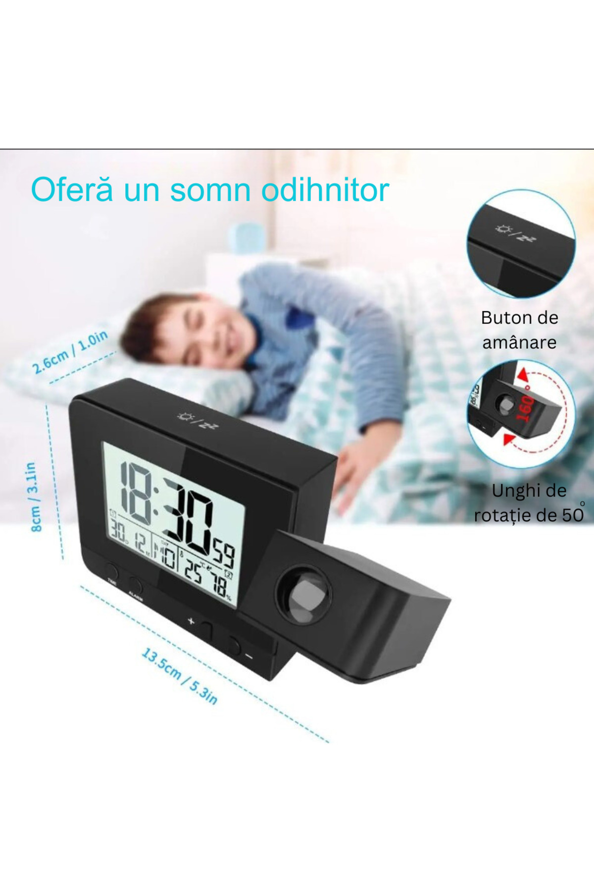 MILARIS-MILARIS® electronic projection clock, Temperature display, Humidity display, Snooze alarm 2