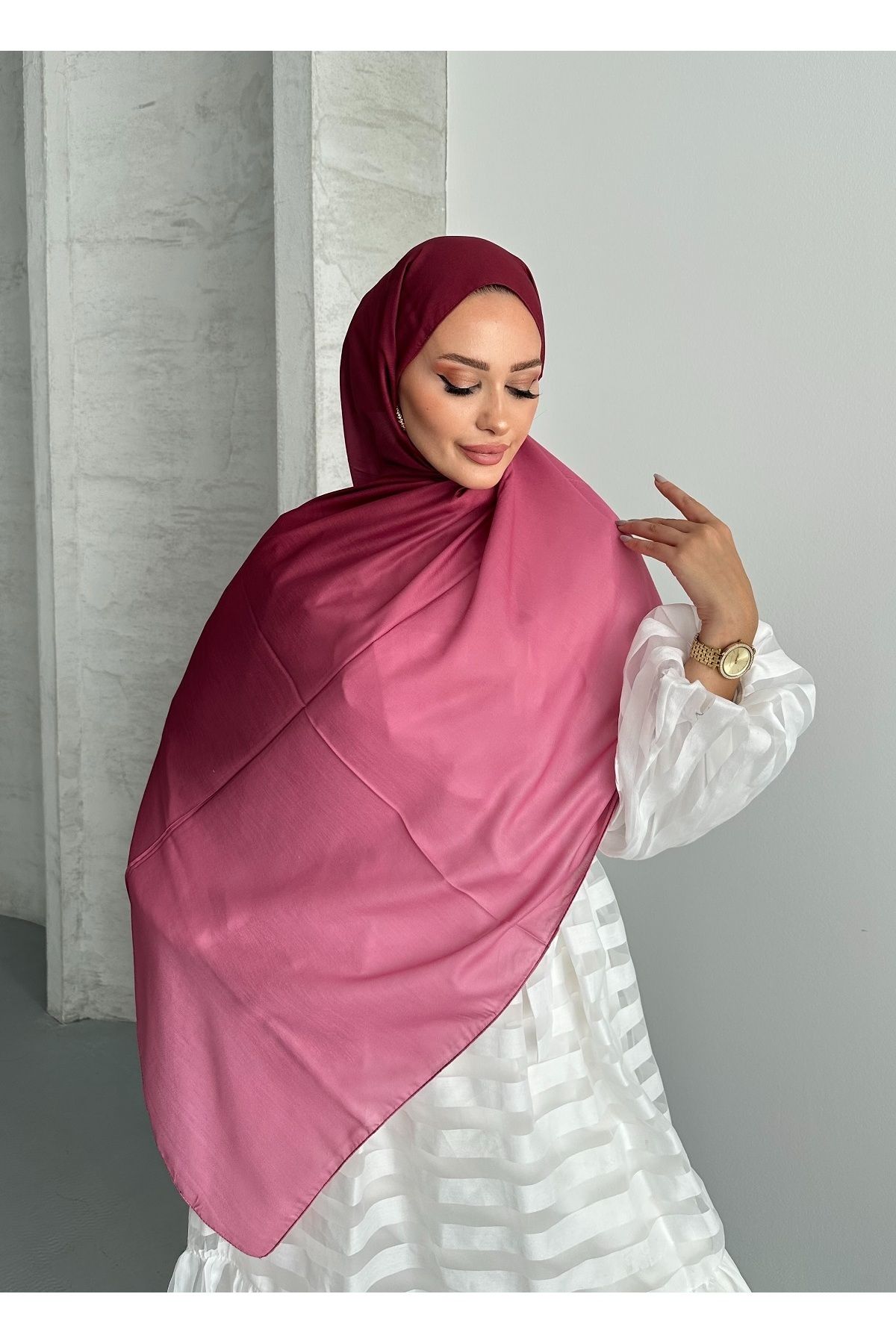 Stella Eşarp-Aural Pink-Claret Red Gradient Pattern Soft Cotton Shawl 5