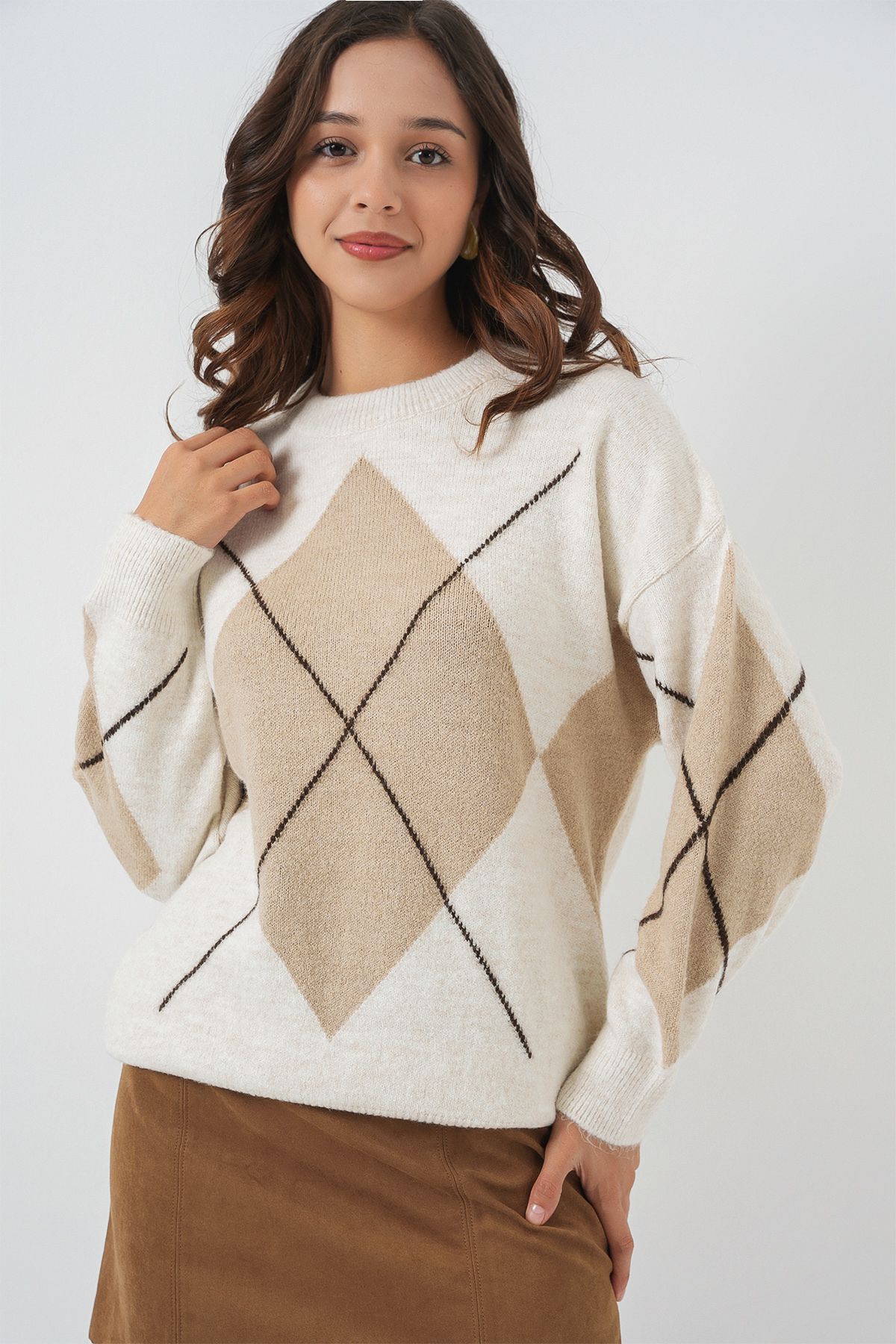 Bigdart-15895 Diamond Patterned Oversize Knitwear Sweater - Ecru 1
