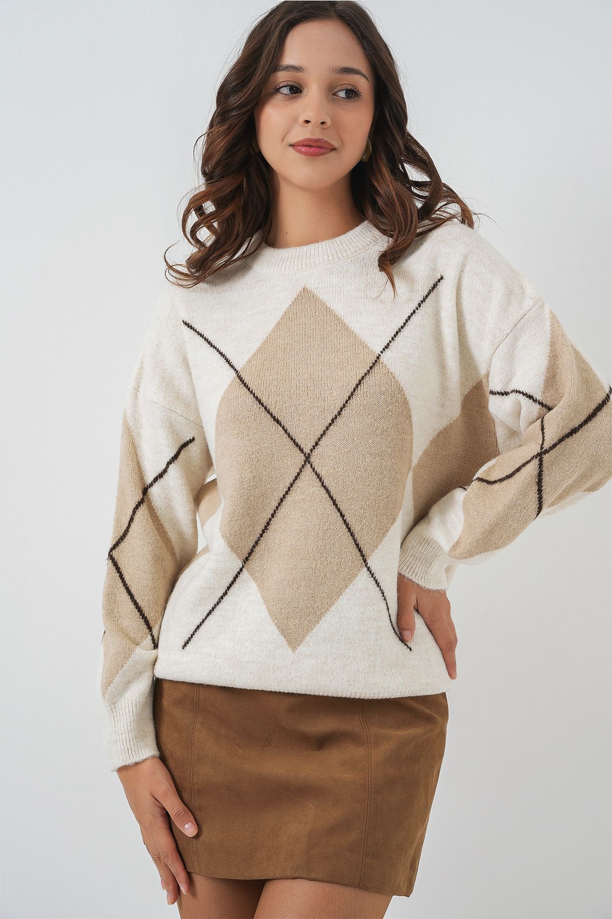 Bigdart-15895 Diamond Patterned Oversize Knitwear Sweater - Ecru 4