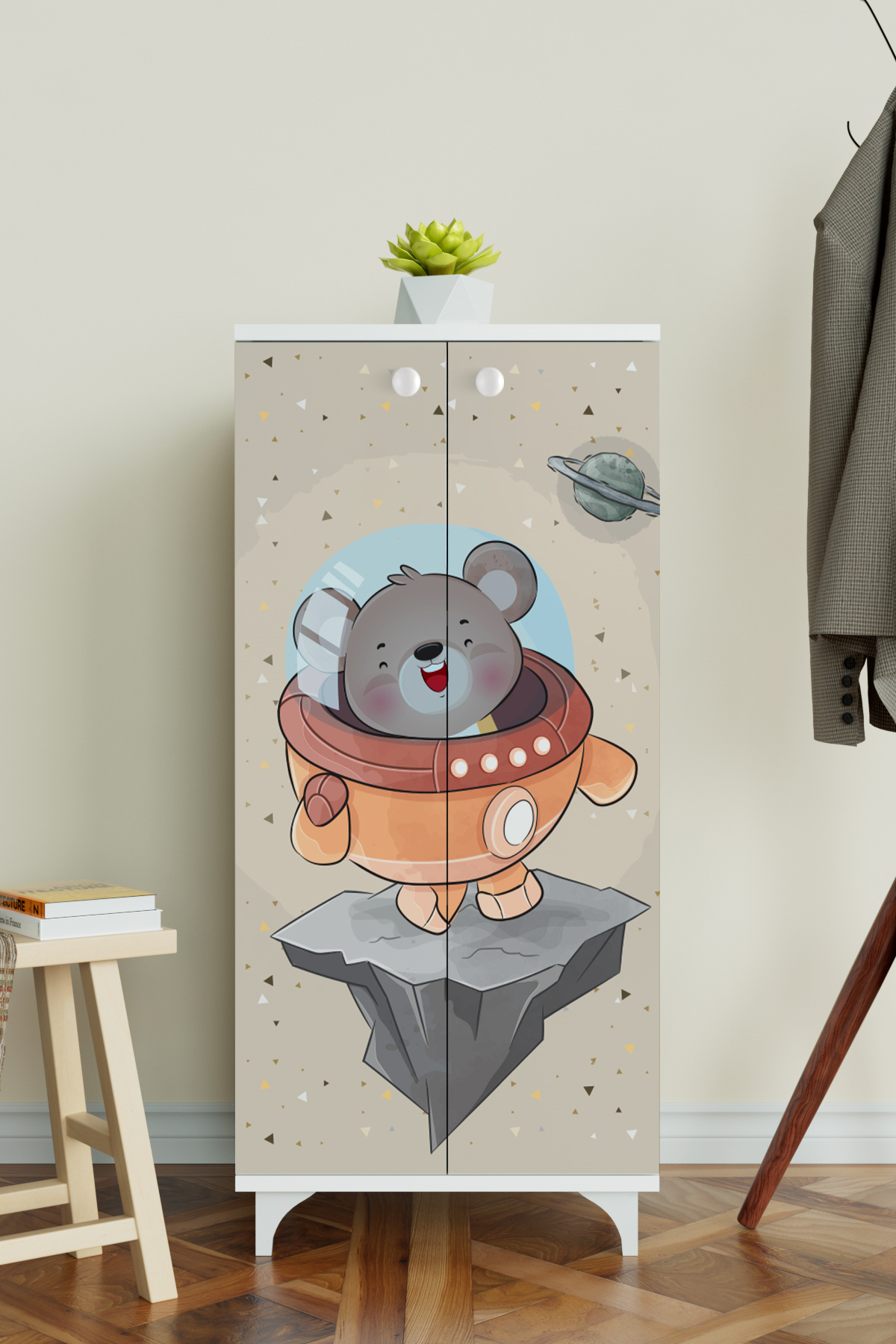 Hediyeler Kapında Little Astronaut 3 Raflı Çocuk Odası Dolabı Çok Amaçlı Baskılı Oyuncak Dolabı Beyaz fotoğrafı 3 (önizleme)