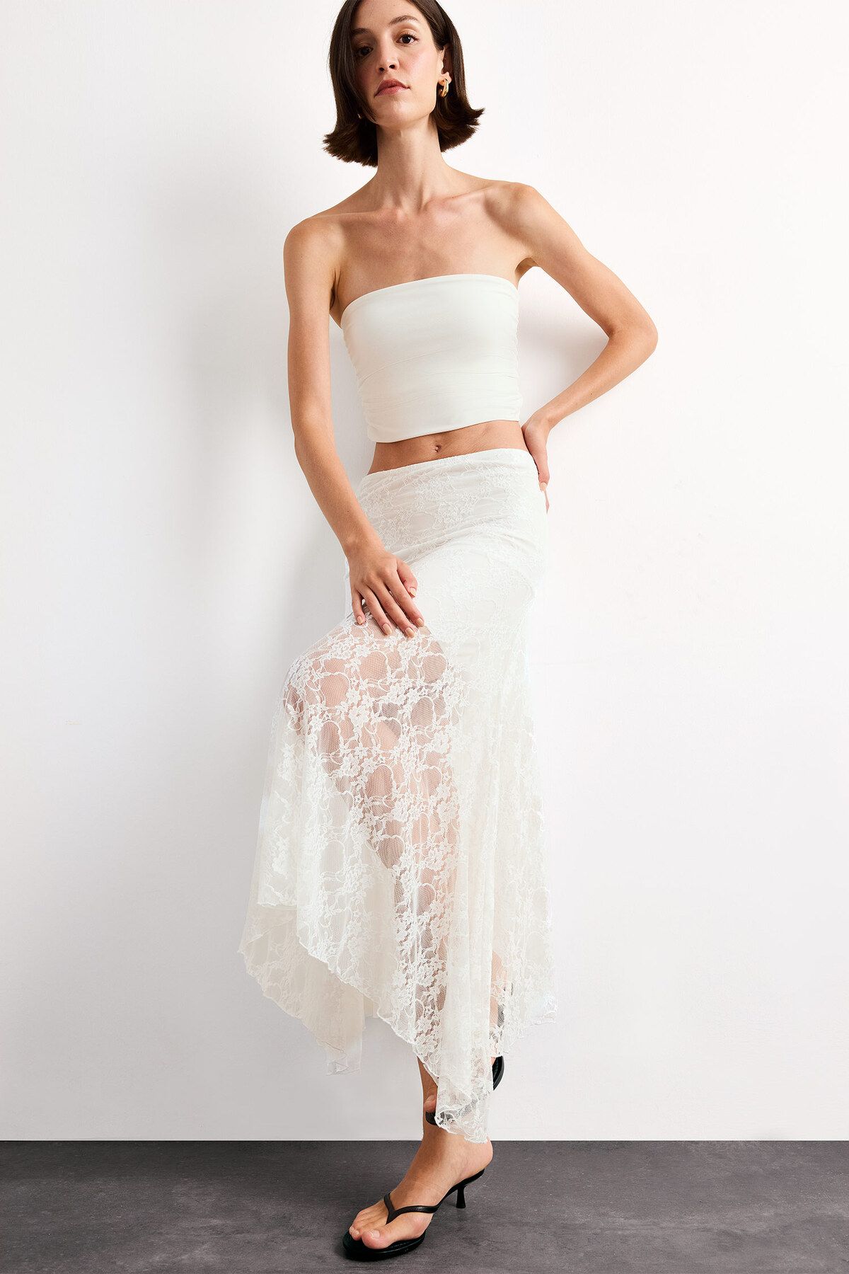 DeFacto-Elastic Waist Half Lining Lace Midi Skirt F8041Ax25Sm 5