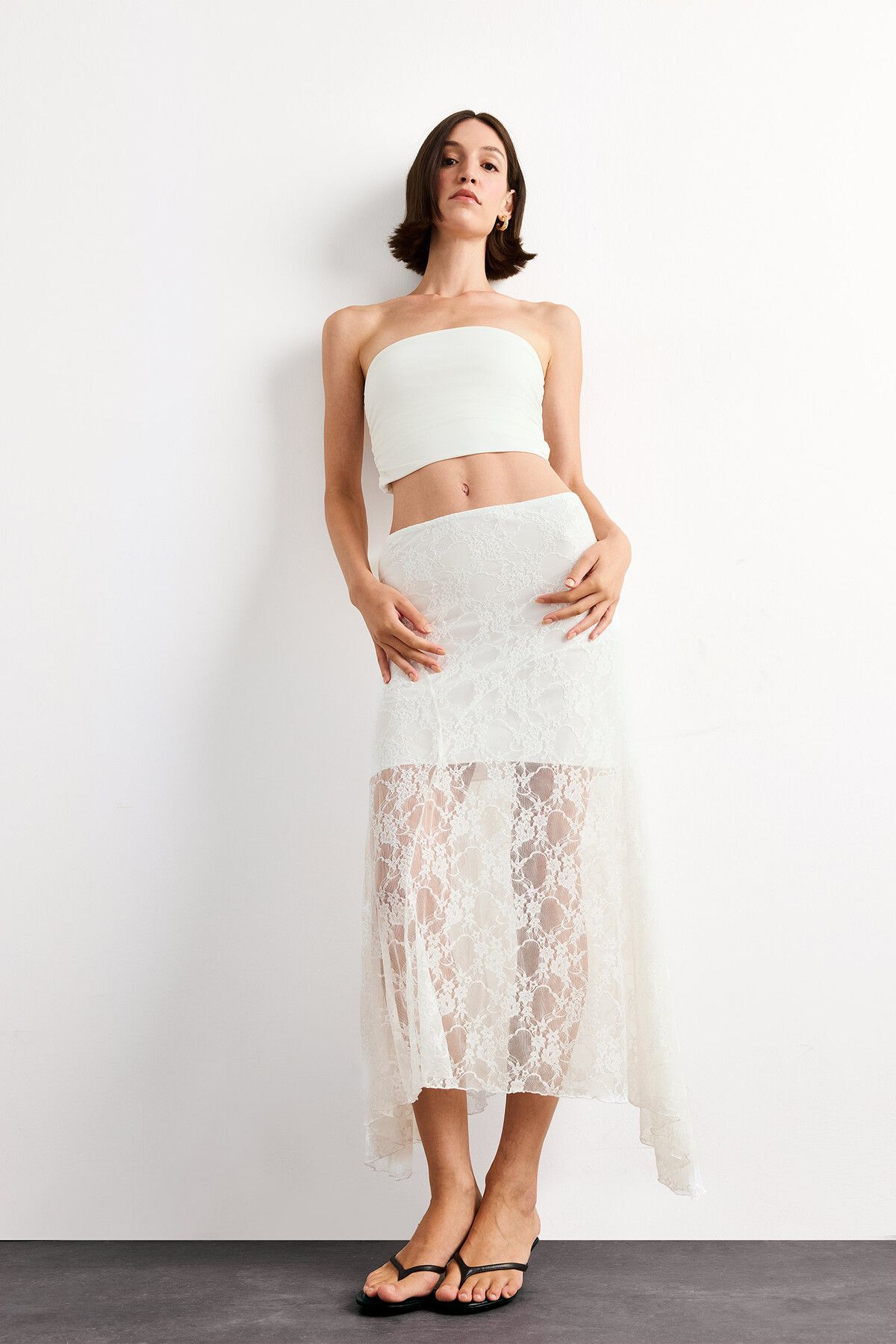 DeFacto-Elastic Waist Half Lining Lace Midi Skirt F8041Ax25Sm 4