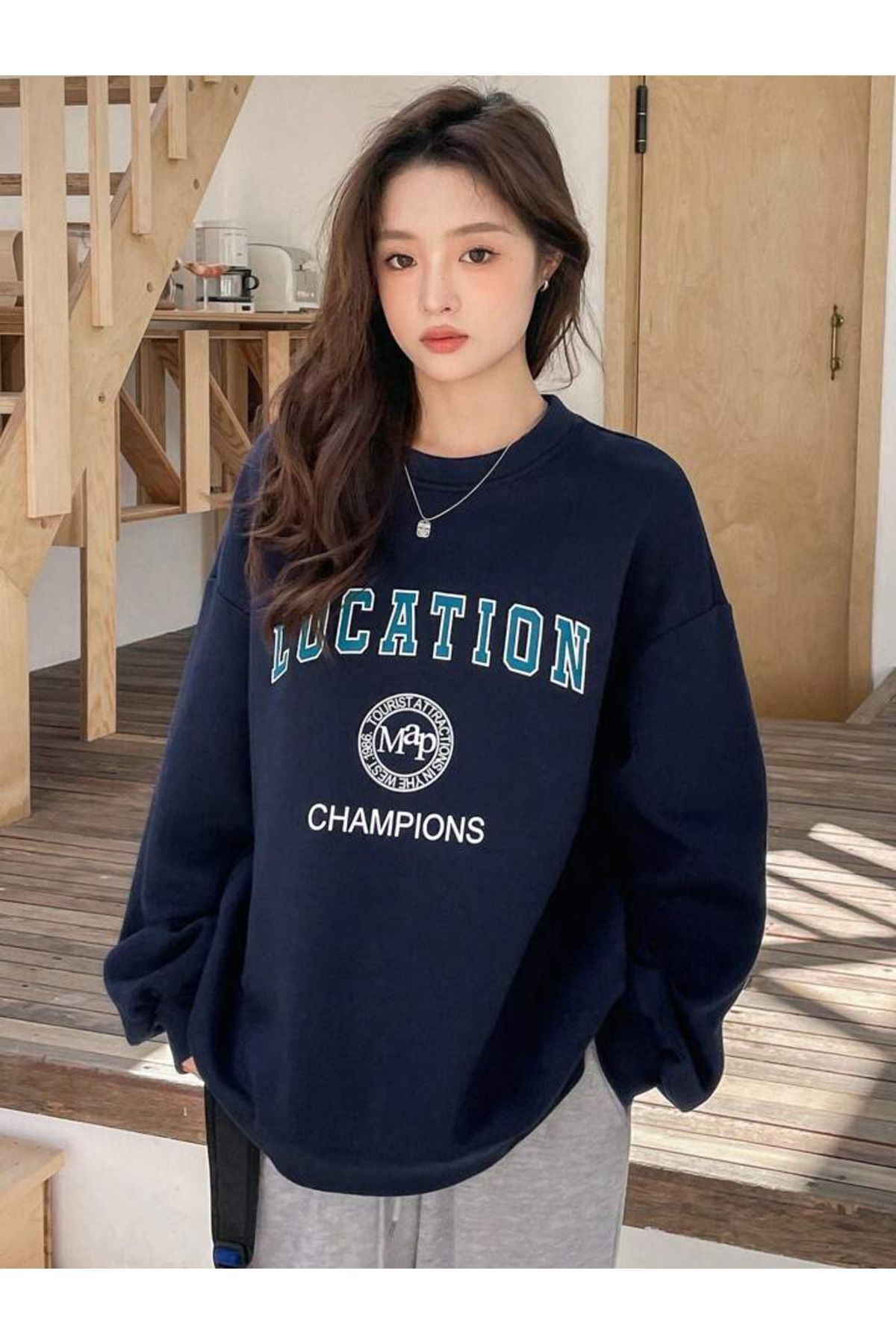 CLAYES  Location Champions Sweatshirt - Lacivert Baskılı Oversize Kalın Kışlık Bisiklet Yaka - Görsel 3
