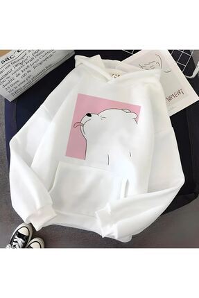 VBSVİBES Unisex Oversize Beyaz Kafadar Ayılar Baskılı Sweatshirt Kapüşonlu Ho...