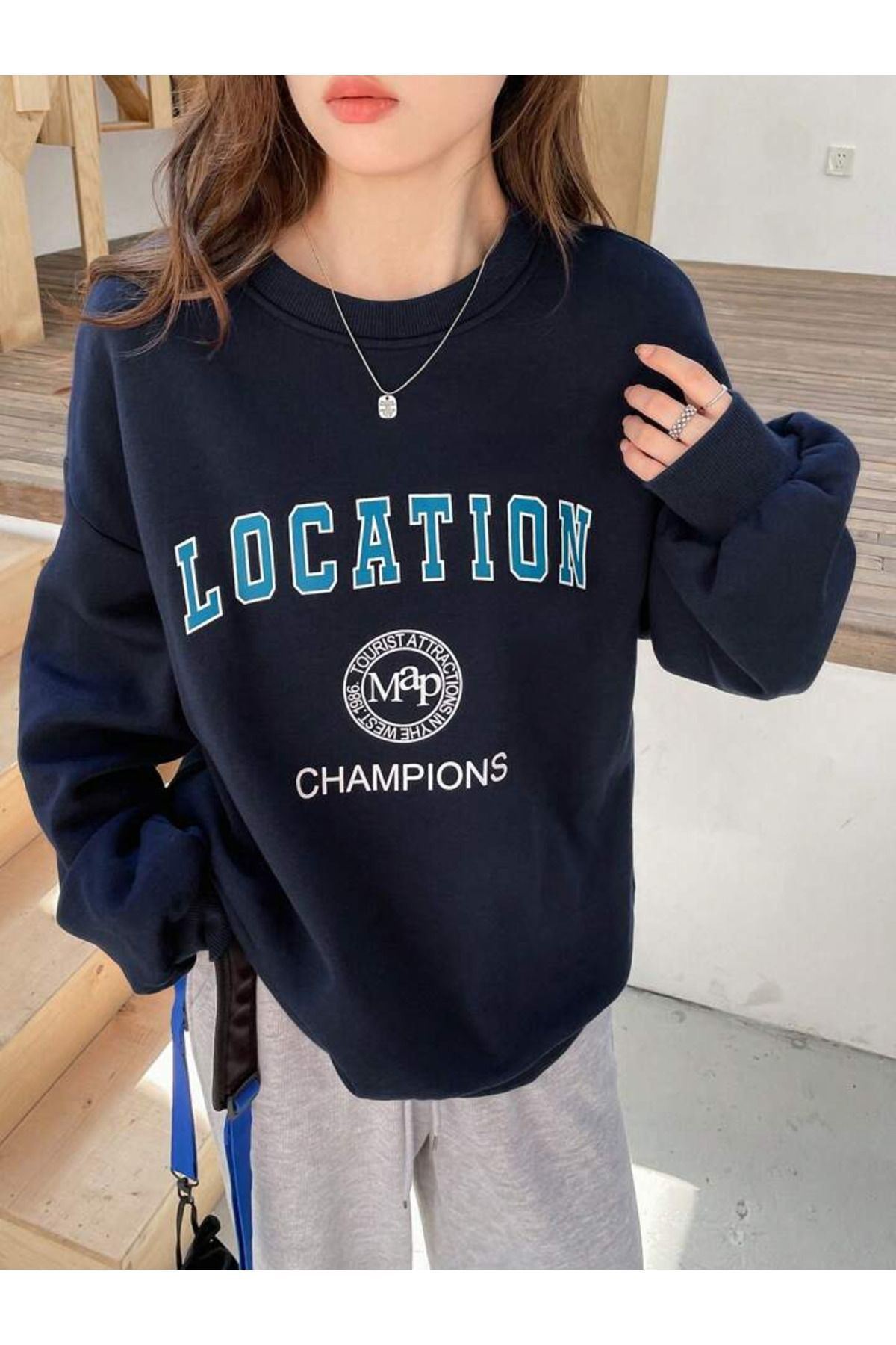 CLAYES  Location Champions Sweatshirt - Lacivert Baskılı Oversize Kalın Kışlık Bisiklet Yaka - Görsel 2