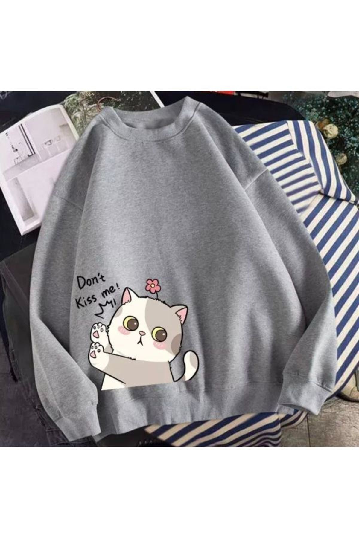 DUBU BUTİK  Tatlı Kedi Tasarım Sweatshirt - Gri Baskılı Oversize Kalın Kışlık Bisiklet Yaka