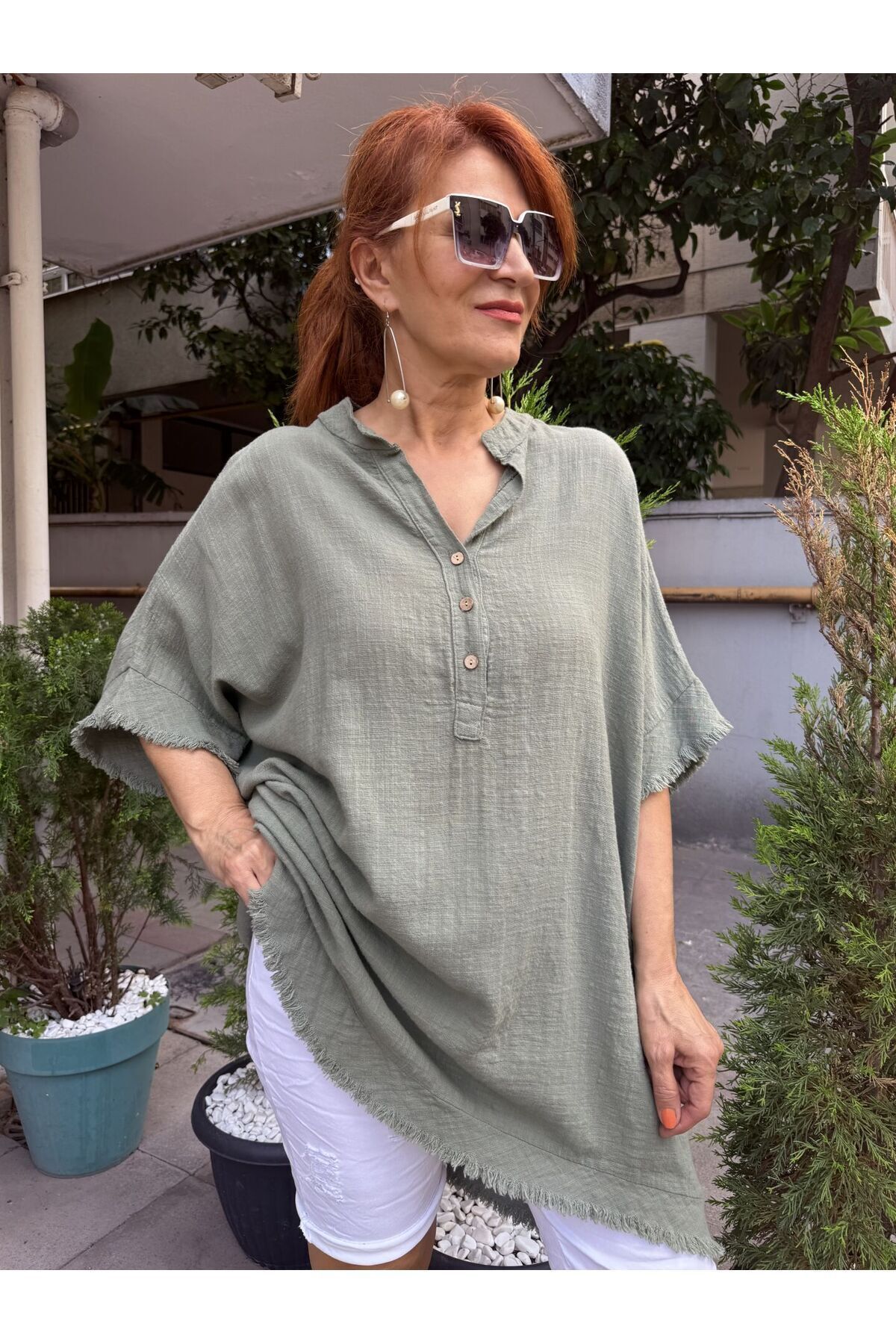 DenizEge-Italian Tasseled Linen Textured Dress Khaki 4