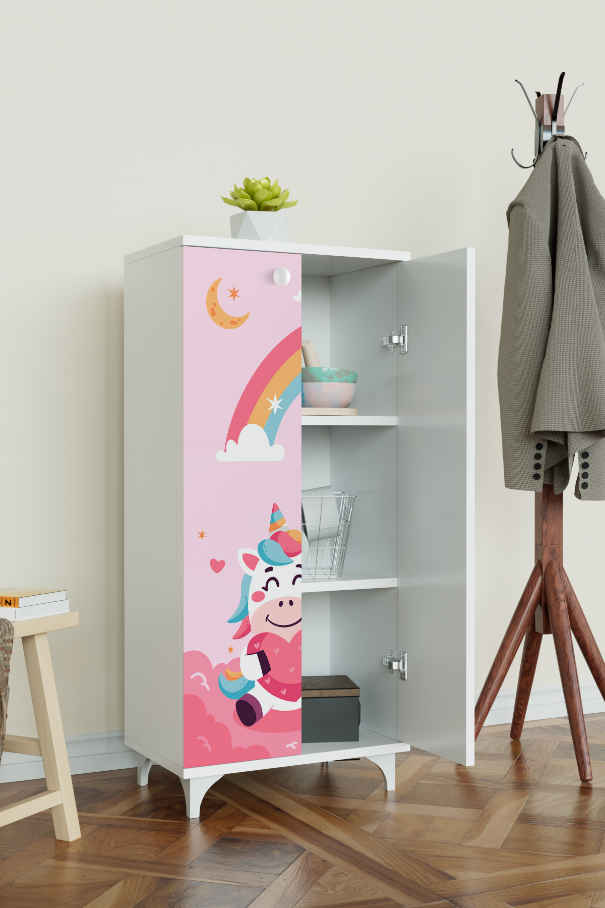 Hediyeler Kapında Çocuk Odası Unicorn Dreams Beyaz Dolap 3 Raflı Çok Amaçlı Baskılı Oyuncak Dolabı fotoğrafı 2 (önizleme)
