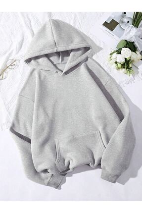 Sweetline Desensiz Düz Sweatshirt - Gri Oversize Kışlık Kalın Kapüşonlu