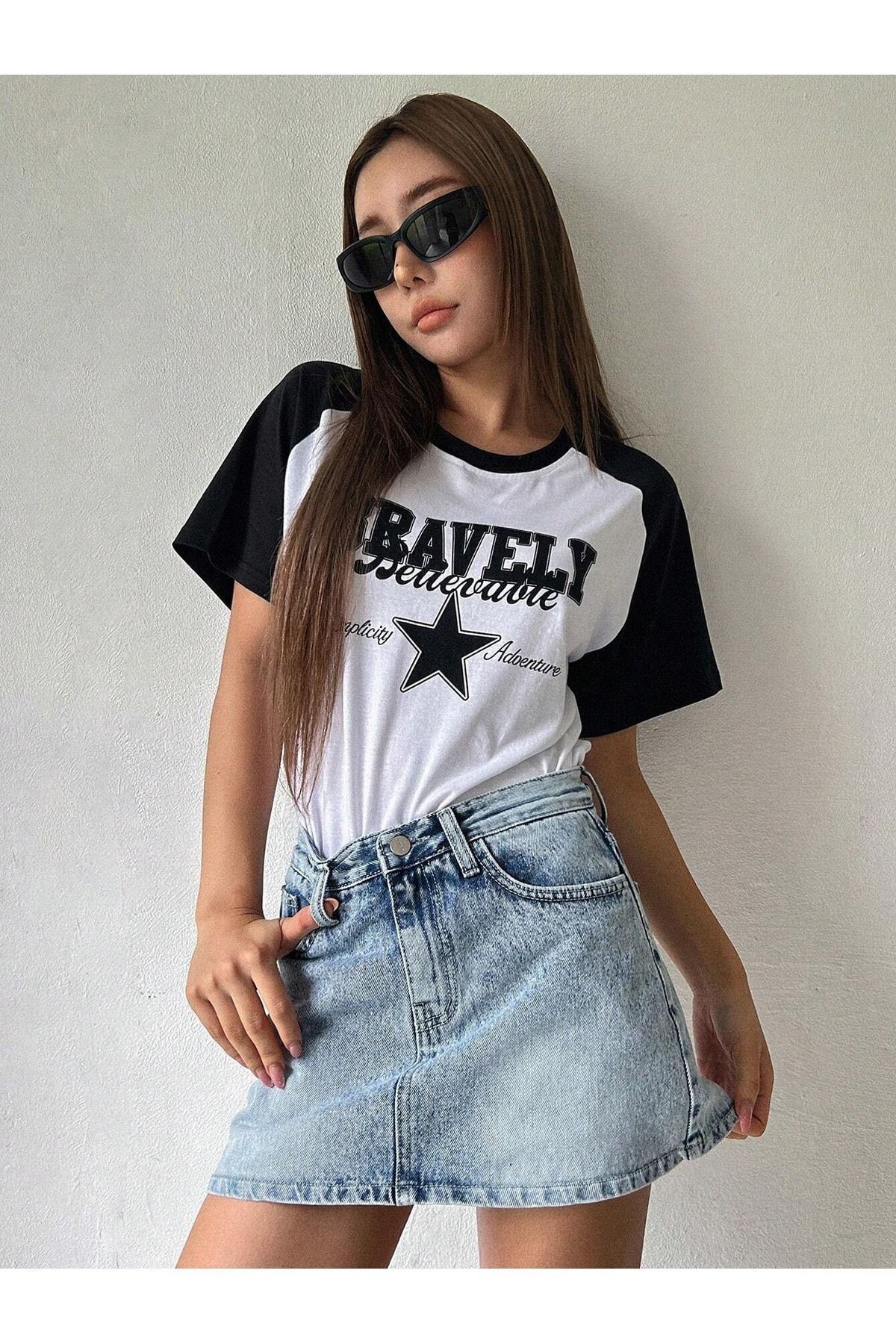 CLAYES  Bravelly Yıldız Parçalı Süprem T-Shirt - Beyaz Siyah Oversize Bisiklet Yaka Kısa Kol Tişört - Görsel 4