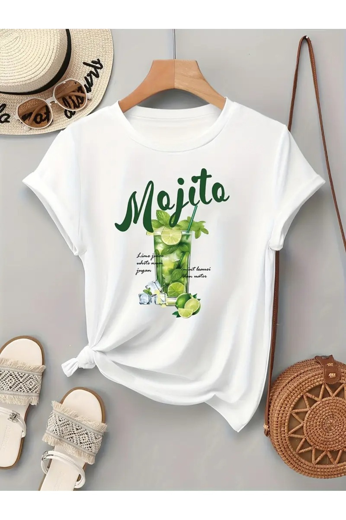 CLAYES Λευκό βαμβακερό μπλουζάκι Mojito με στάμπα - Oversize Crew Neck T-Shirt