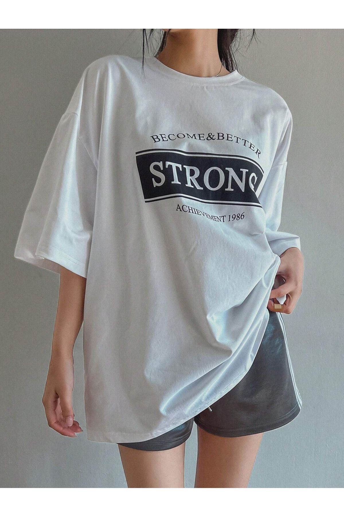 CLAYES-Tricou Strong Single Jersey - Tricou cu mânecă scurtă oversize cu decolteu triplu cu imprimeu alb 2