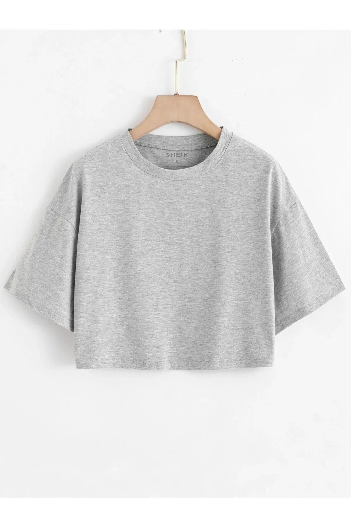 CLAYES Gri Crop Tshirt Crop - Oversize Baskılı