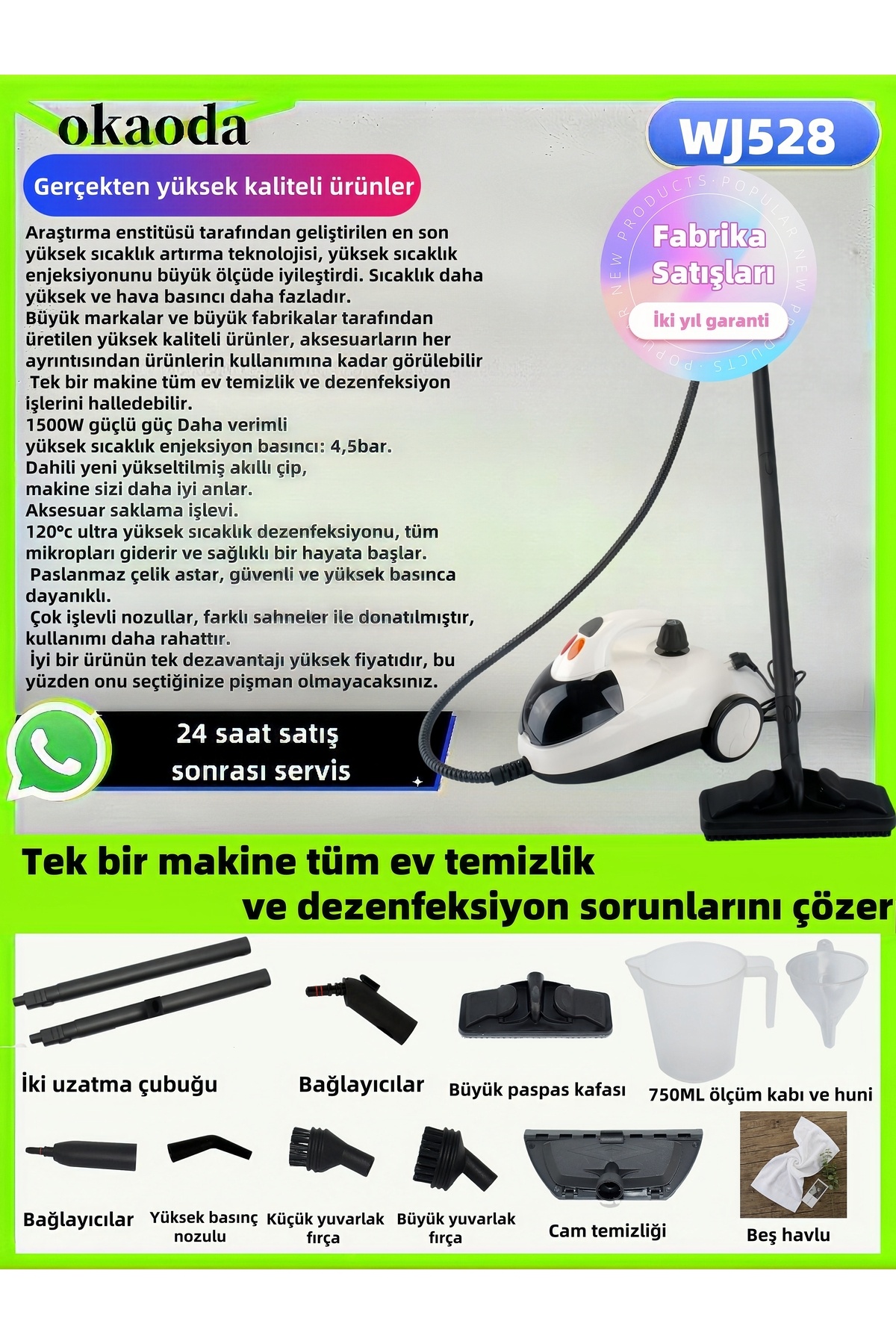okaoda Çok Fonksiyonlu Buharlı Temizlik Makinası Dezenfeksiyon, Paspaslama, Ütüleme, Pencere Temizliği