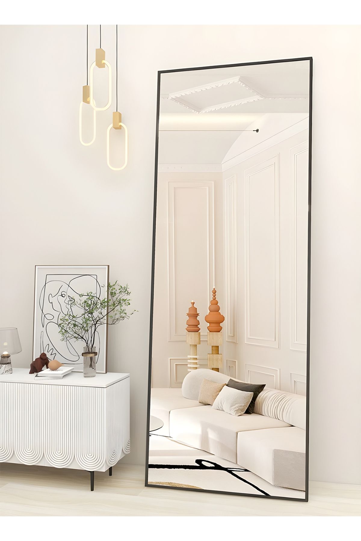 Taimi-Large Mirror With Elegant Design 155x45 Cm-full Length Mirror With Black Metal Frame And Back Stand 6