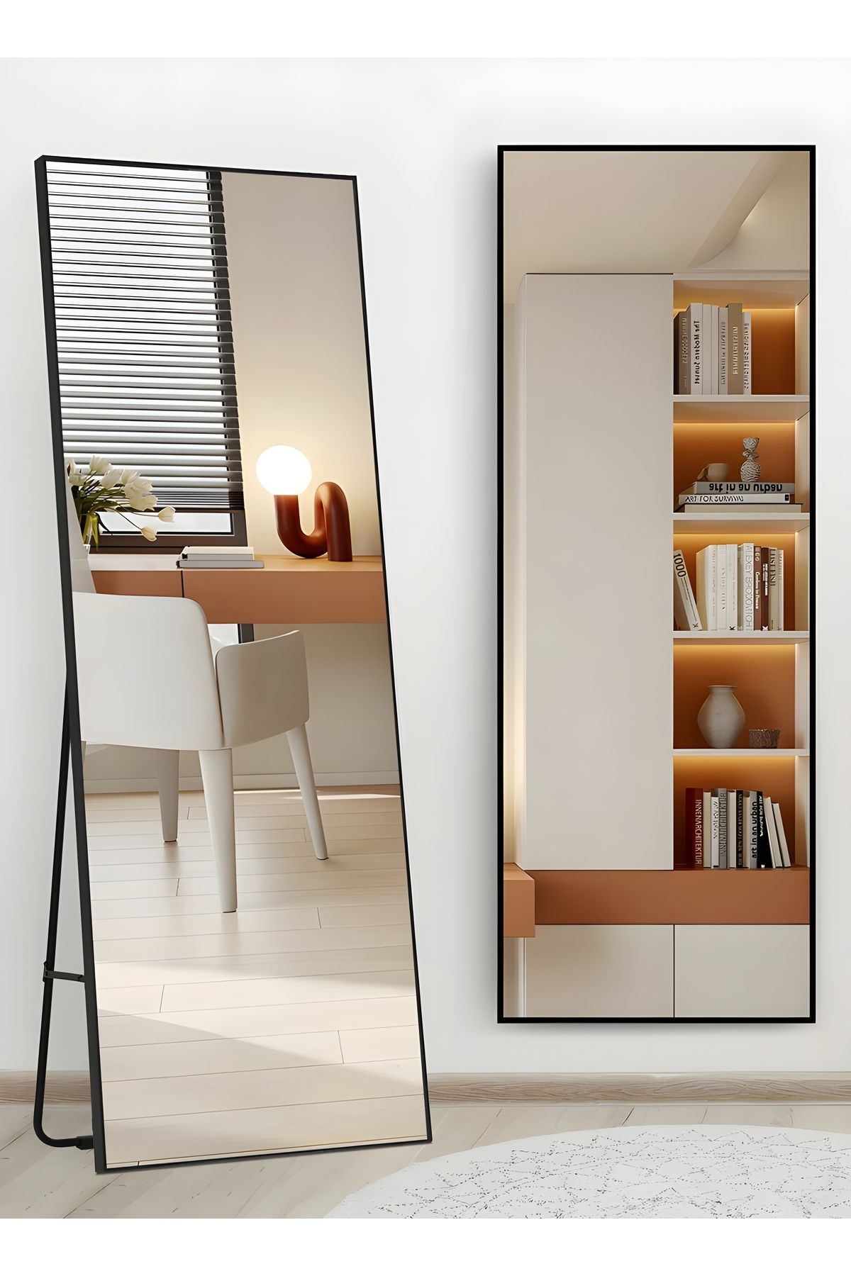 Taimi-Large Mirror With Elegant Design 155x45 Cm-full Length Mirror With Black Metal Frame And Back Stand 2