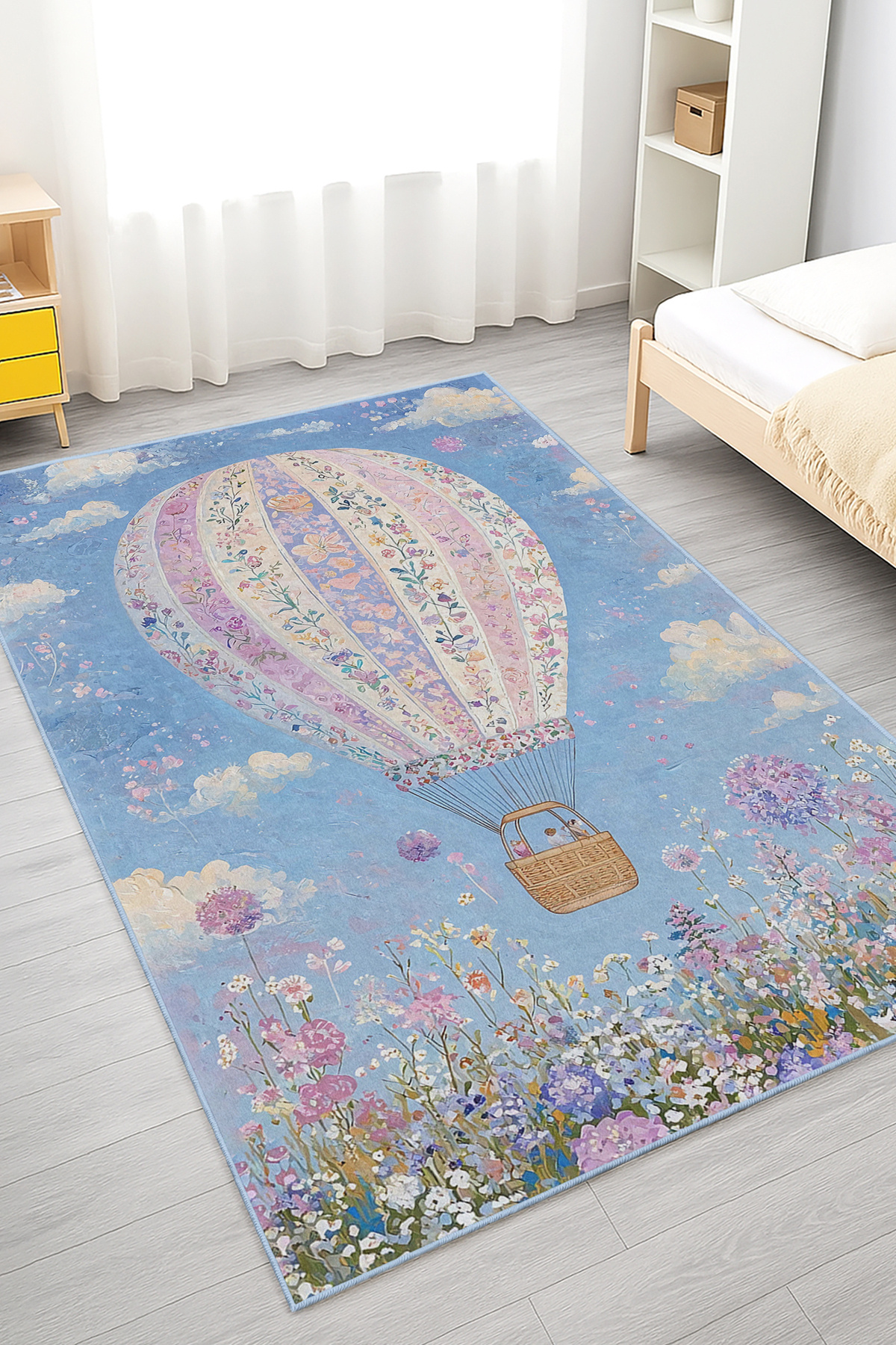 Realhomes Renkli Balon Desenli Çocuk Odası Yıkanabilir Kaymaz Taban Halı