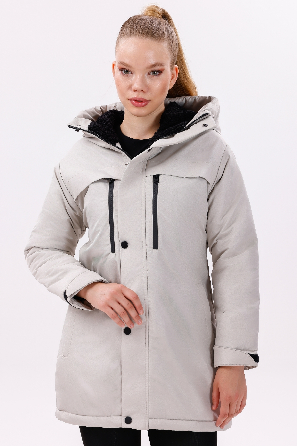 freemen  Kadın Taş Polarlı Kürklü Su Ve Rüzgar Geçirmez Kapüşonlu Kışlık Regülar Kalıp Mont & Kaban & Parka - Görsel 4