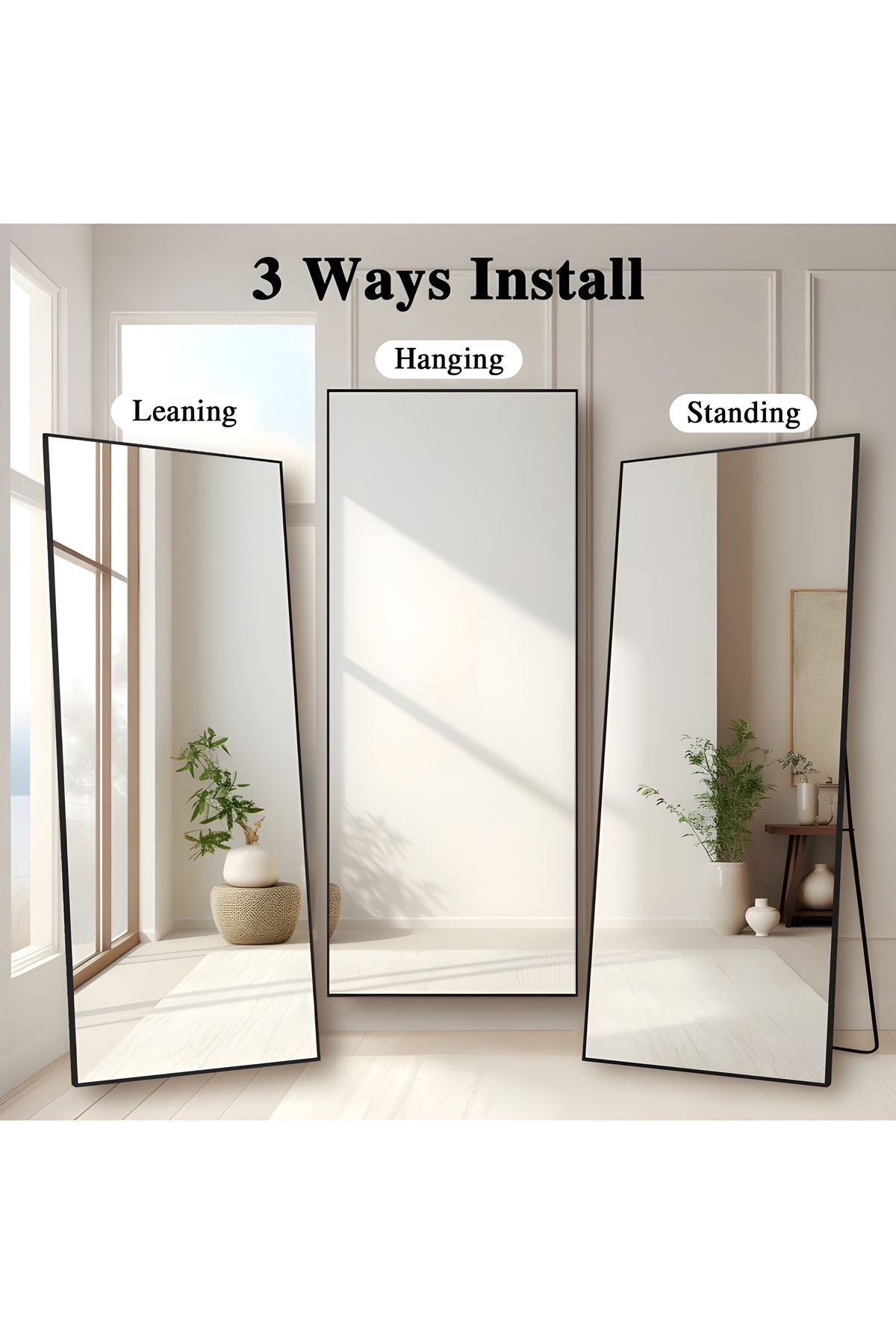 Taimi-Large Mirror With Elegant Design 155x45 Cm-full Length Mirror With Black Metal Frame And Back Stand 7