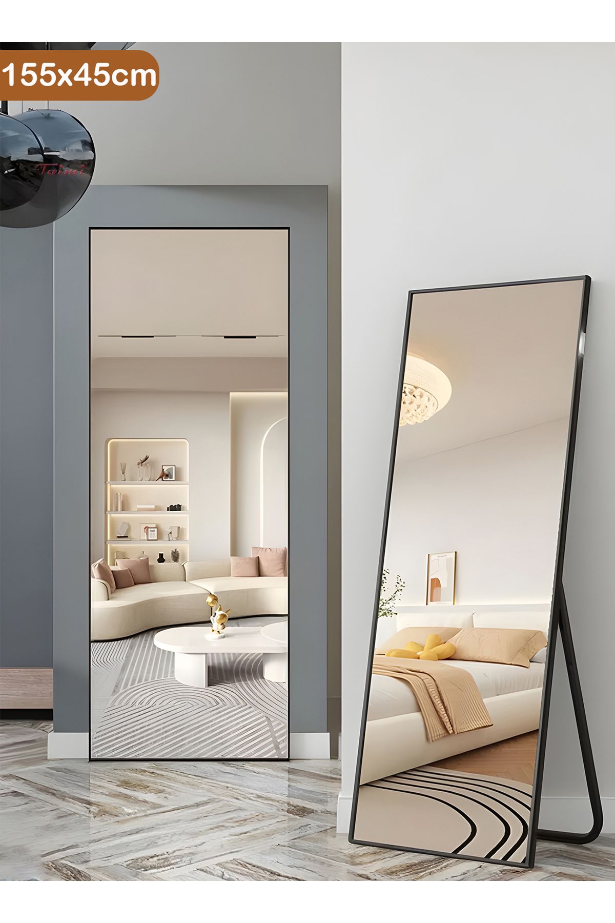 Taimi-Large Mirror With Elegant Design 155x45 Cm-full Length Mirror With Black Metal Frame And Back Stand 1