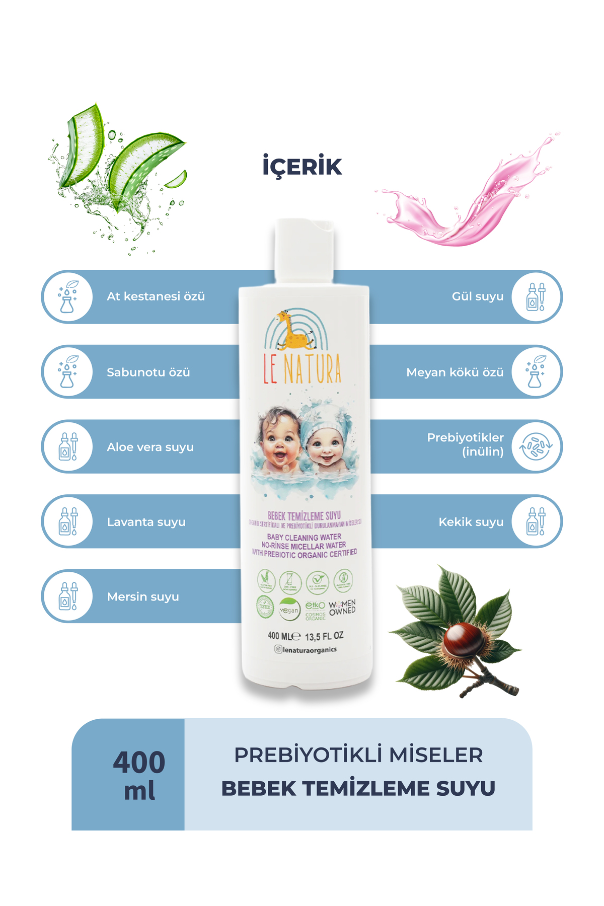 LE NATURA Durulanmayan Bebek Miseler Temizleme Suyu 400 ml - Prebiyotikli, Organik ve Vegan Sertifikalı fotoğrafı 2 (önizleme)