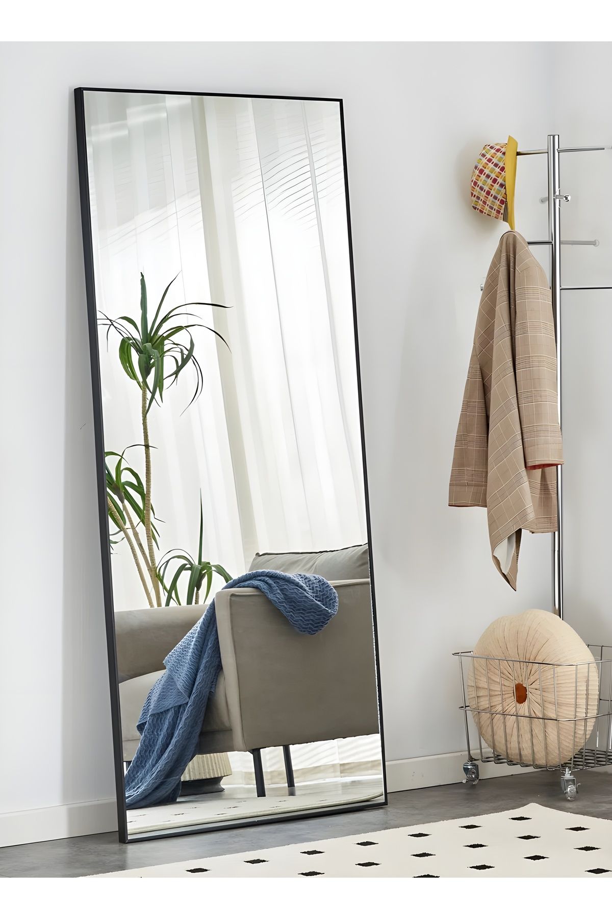 Taimi-Large Mirror With Elegant Design 155x45 Cm-full Length Mirror With Black Metal Frame And Back Stand 4
