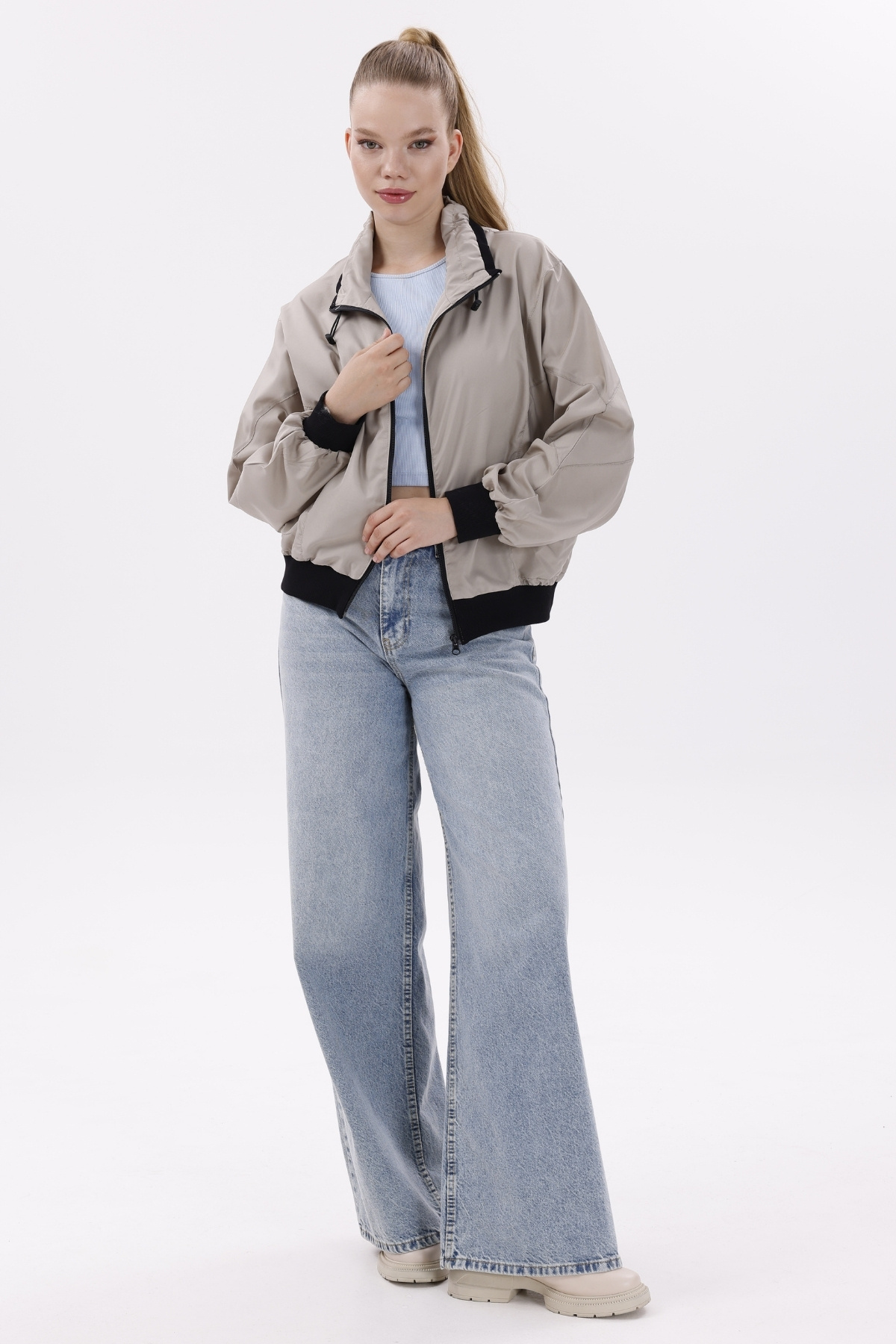 freemen  Kadın Taş Dik Yaka Su ve Rüzgar Geçirmez Oversize Crop Mevsimlik Yağmurluk Rüzgarlık - Görsel 5